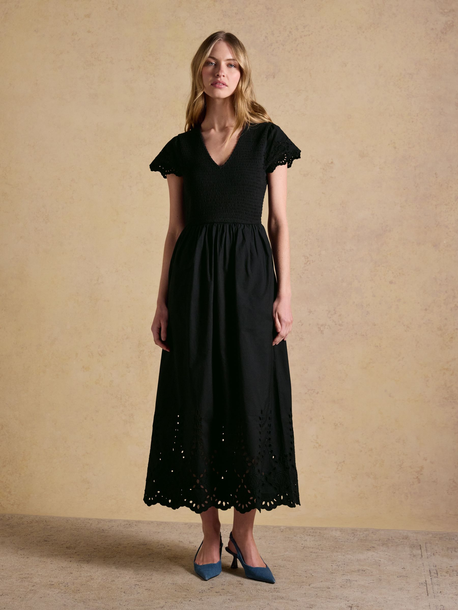 Ivy Black Shirred Jersey Woven Midi Dress With Broderie Sleeve Detail - Image 6 of 8