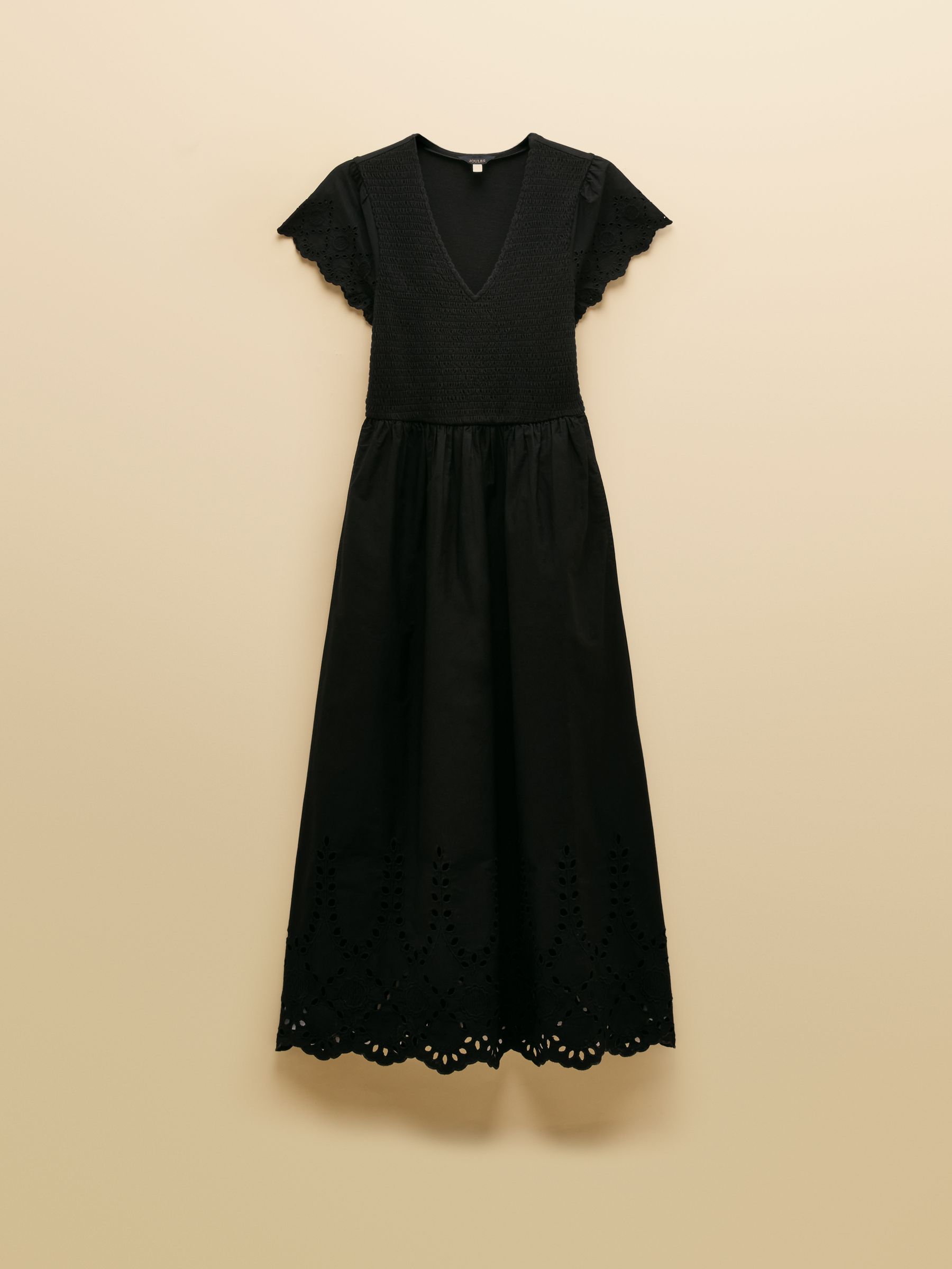 Ivy Black Shirred Jersey Woven Midi Dress With Broderie Sleeve Detail - Image 8 of 8