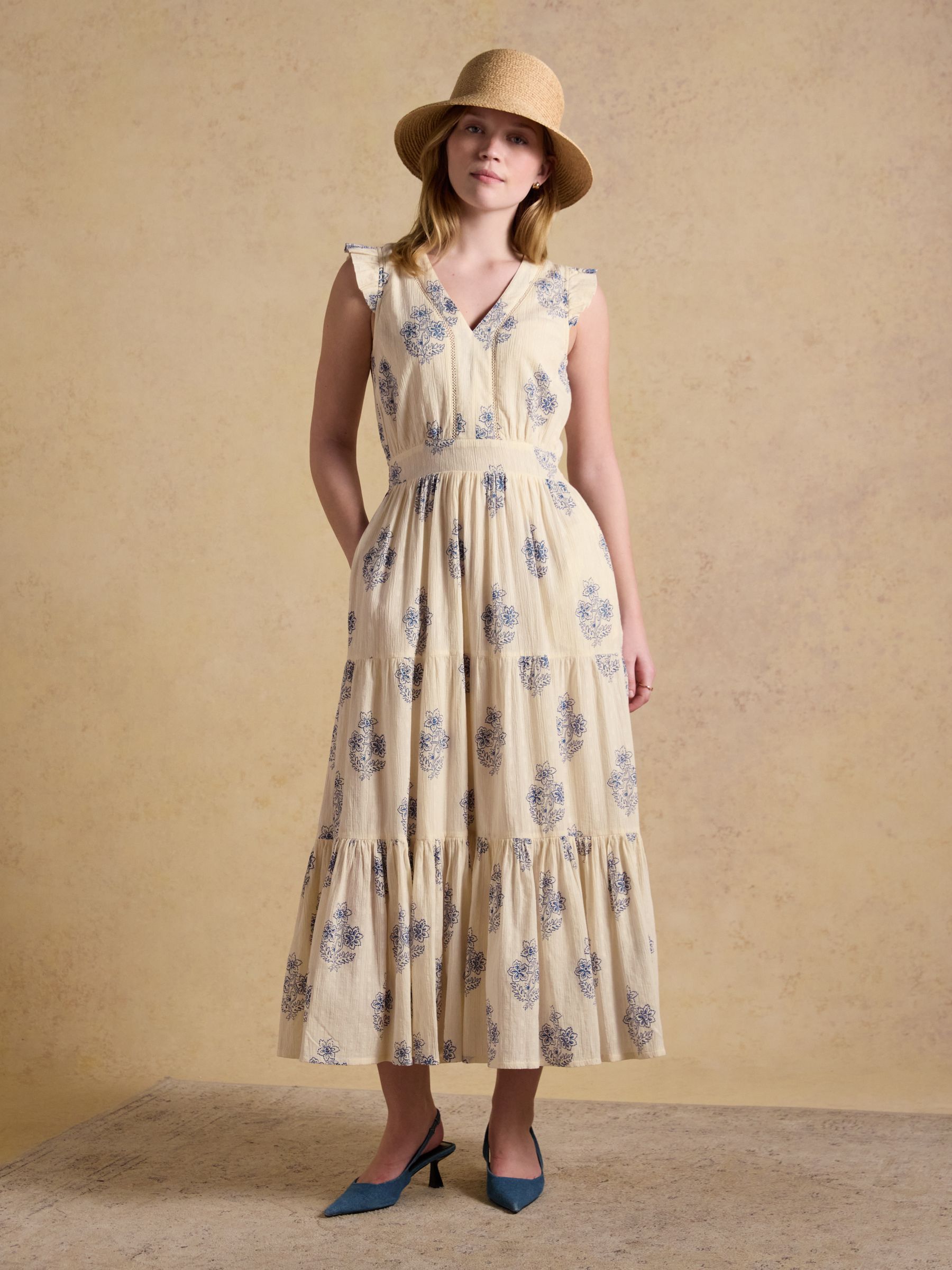 Penelope Cream Foulard Print V Neck Tiered Maxi Dress - Image 1 of 9