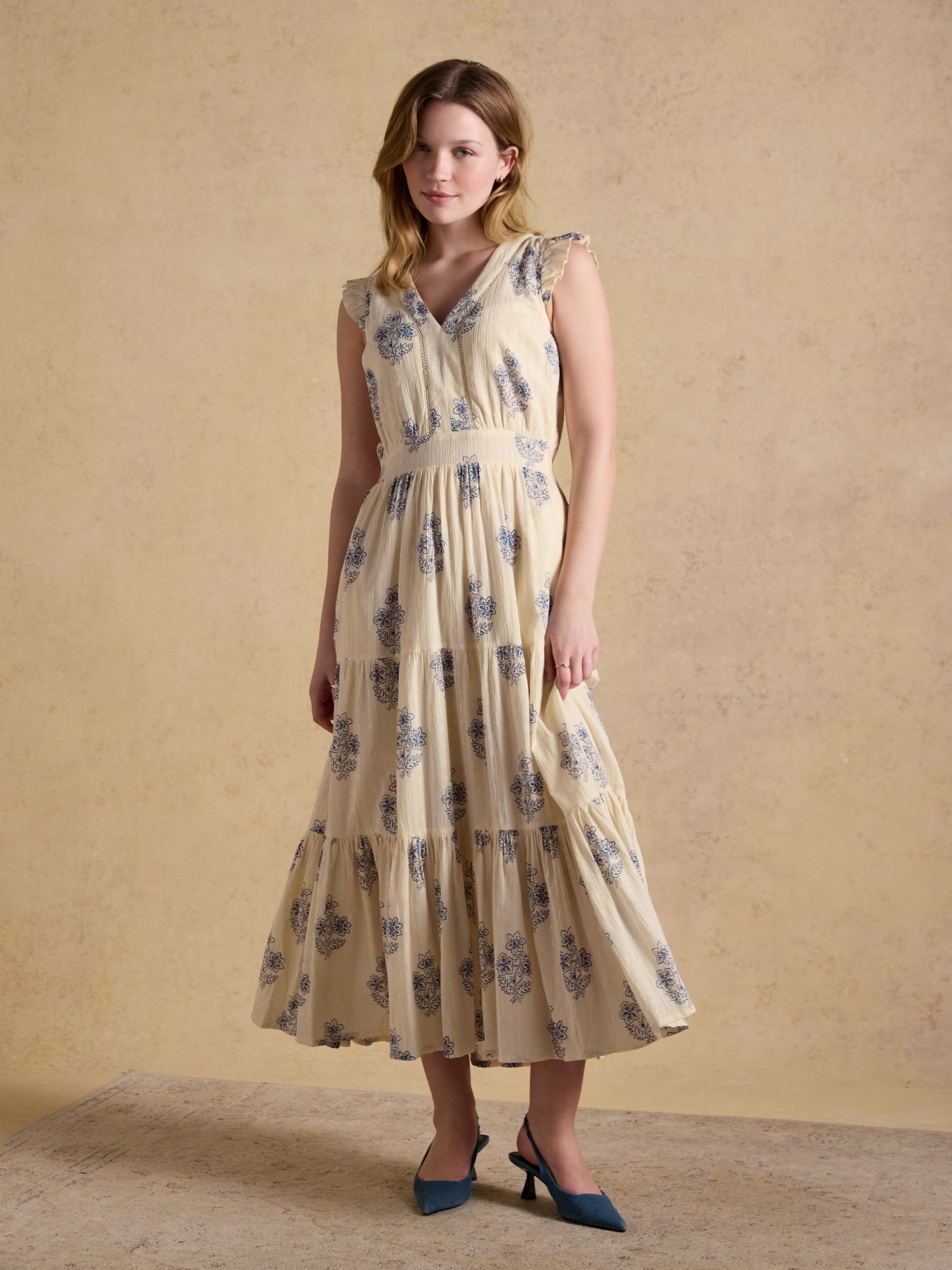 Penelope Cream Foulard Print V Neck Tiered Maxi Dress - Image 5 of 9