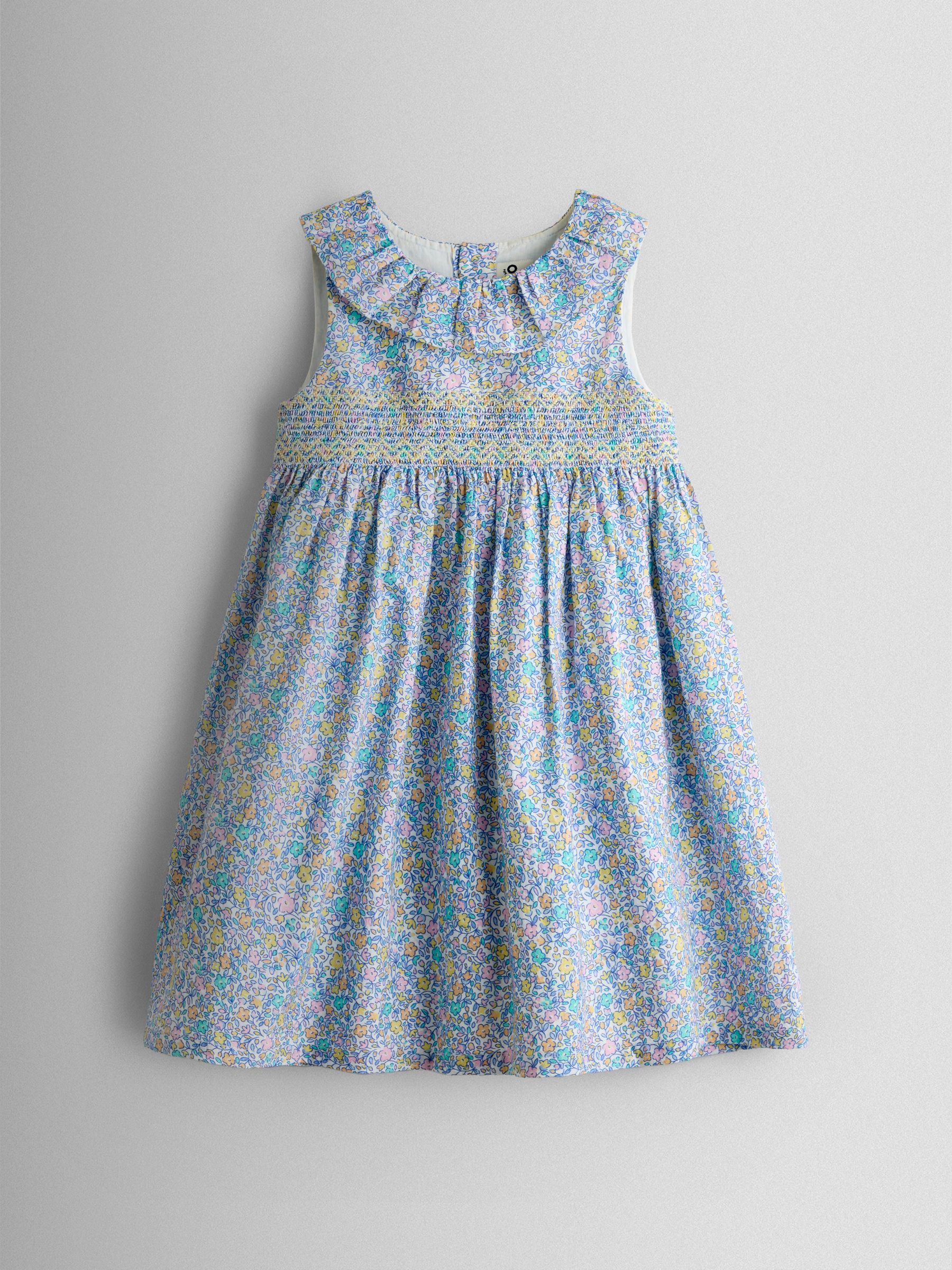 Blue Floral Sleeveless Smocked Floral Dress - Image 2 of 7 Blue Floral Sleeveless Smocked Floral Dress - Image 2 of 7