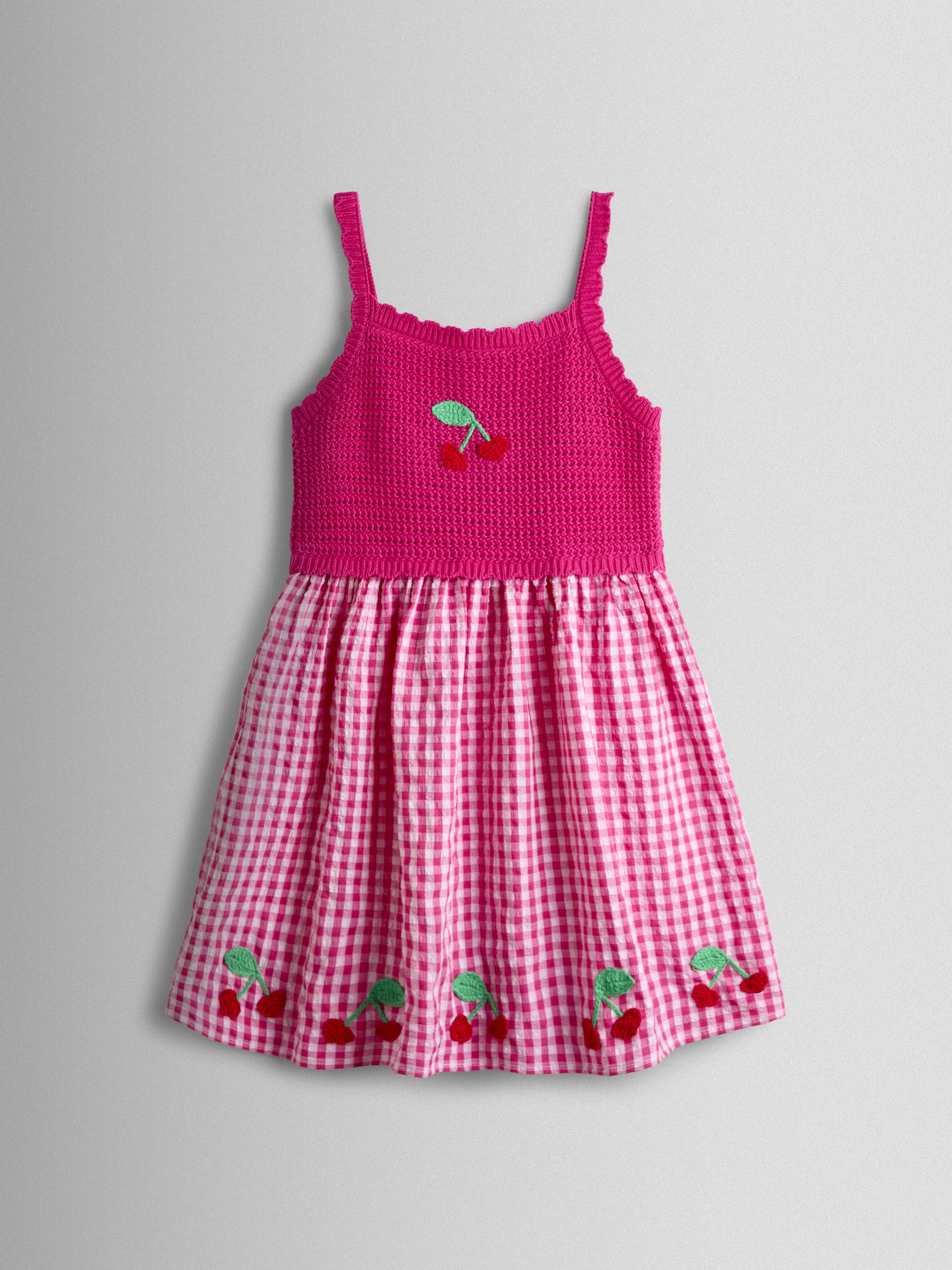 Bright Pink Cherry Seersucker Knit Combo Appliqué Dress - Image 1 of 3