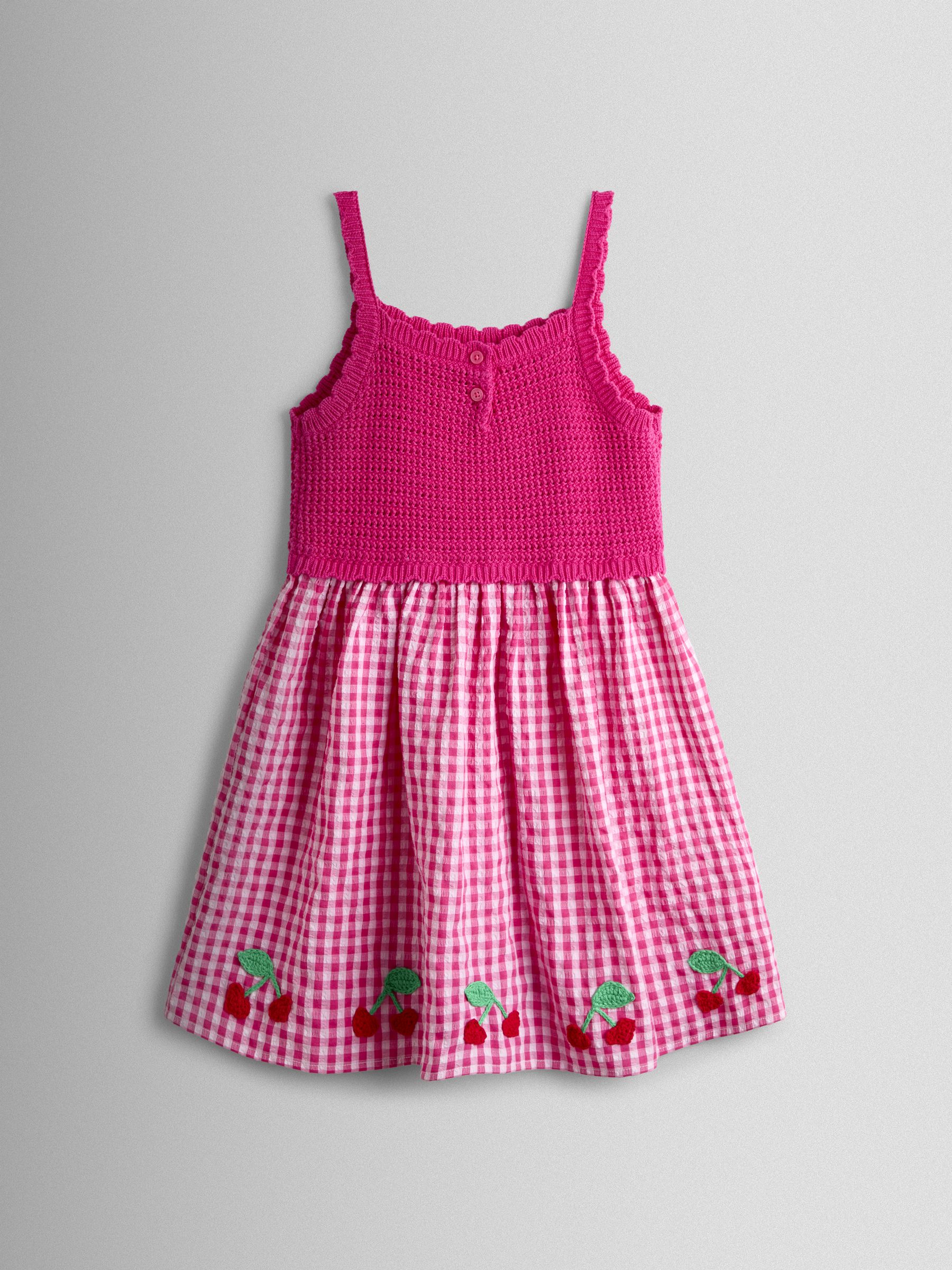 Pink Gingham Cherry Seersucker Knit Combo Appliqué Dress | JoJo