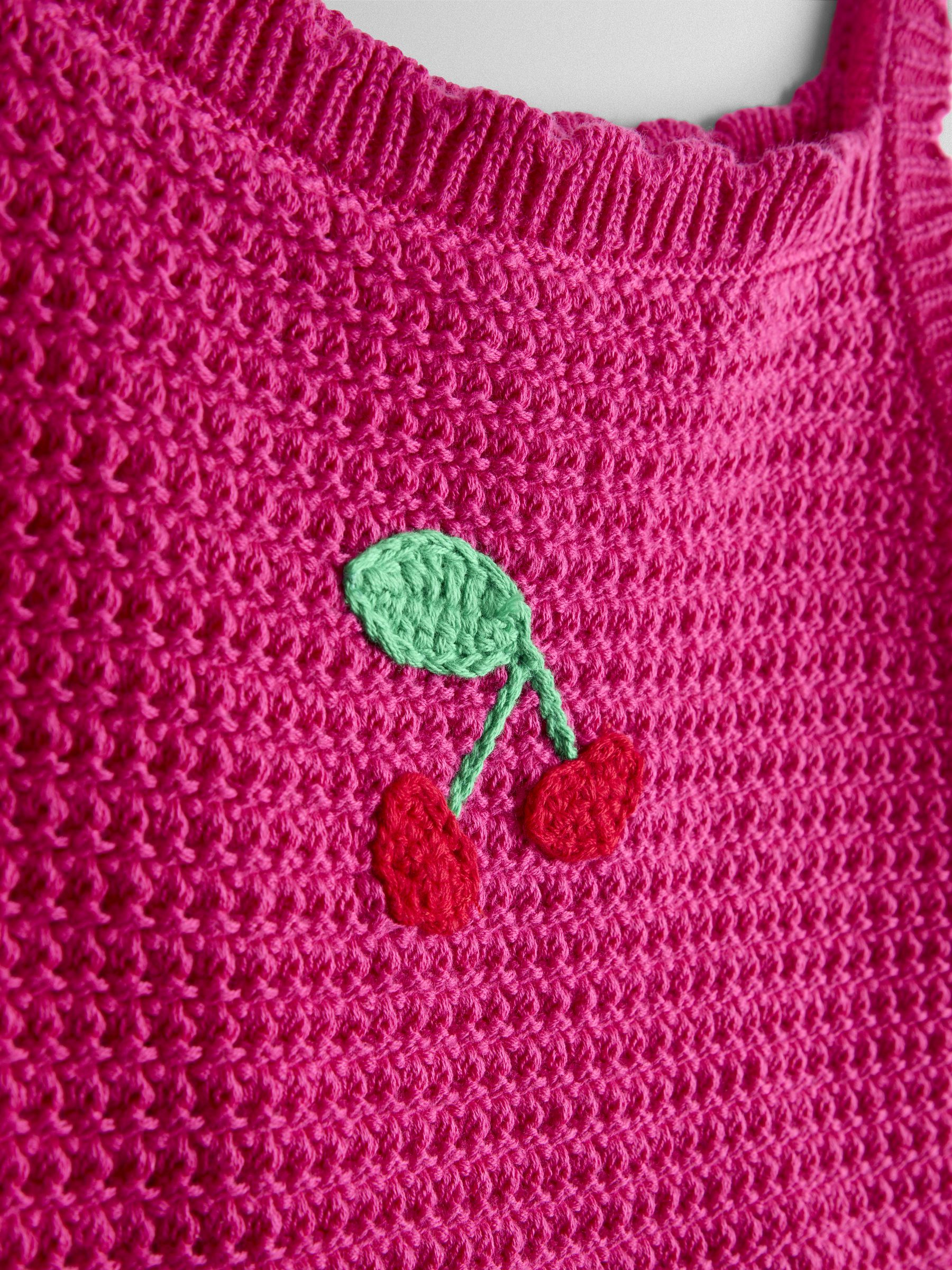 Bright Pink Cherry Seersucker Knit Combo Appliqué Dress - Image 3 of 3