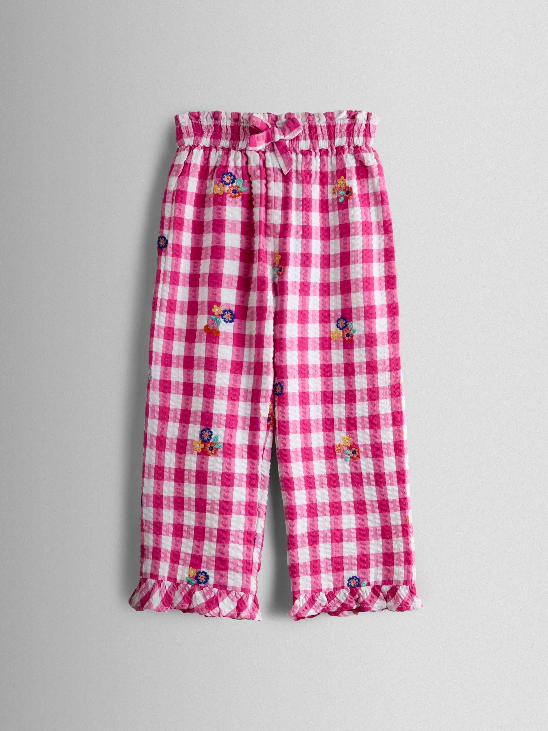Fuchsia Pink Gingham Frill Hem Embroidered Trousers - Image 2 of 5