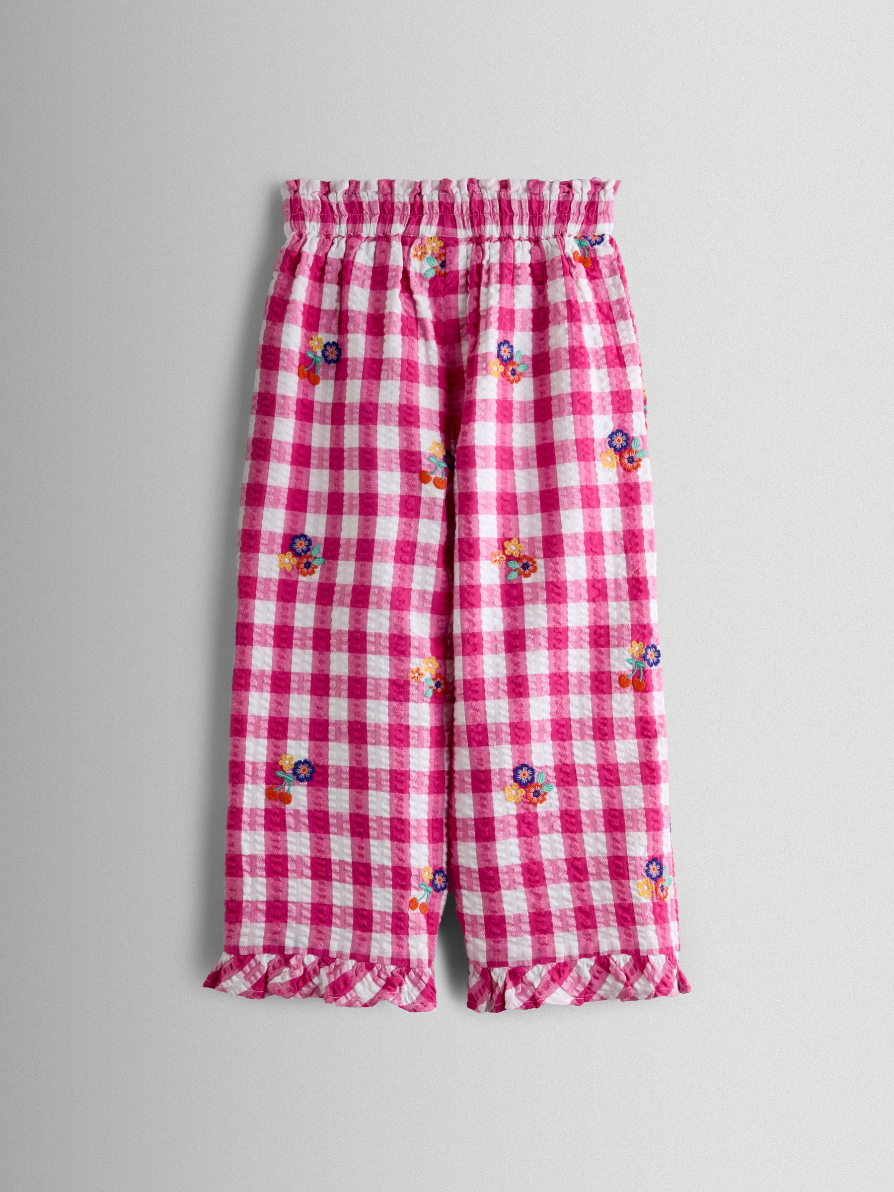 Fuchsia Pink Gingham Frill Hem Embroidered Trousers - Image 3 of 5