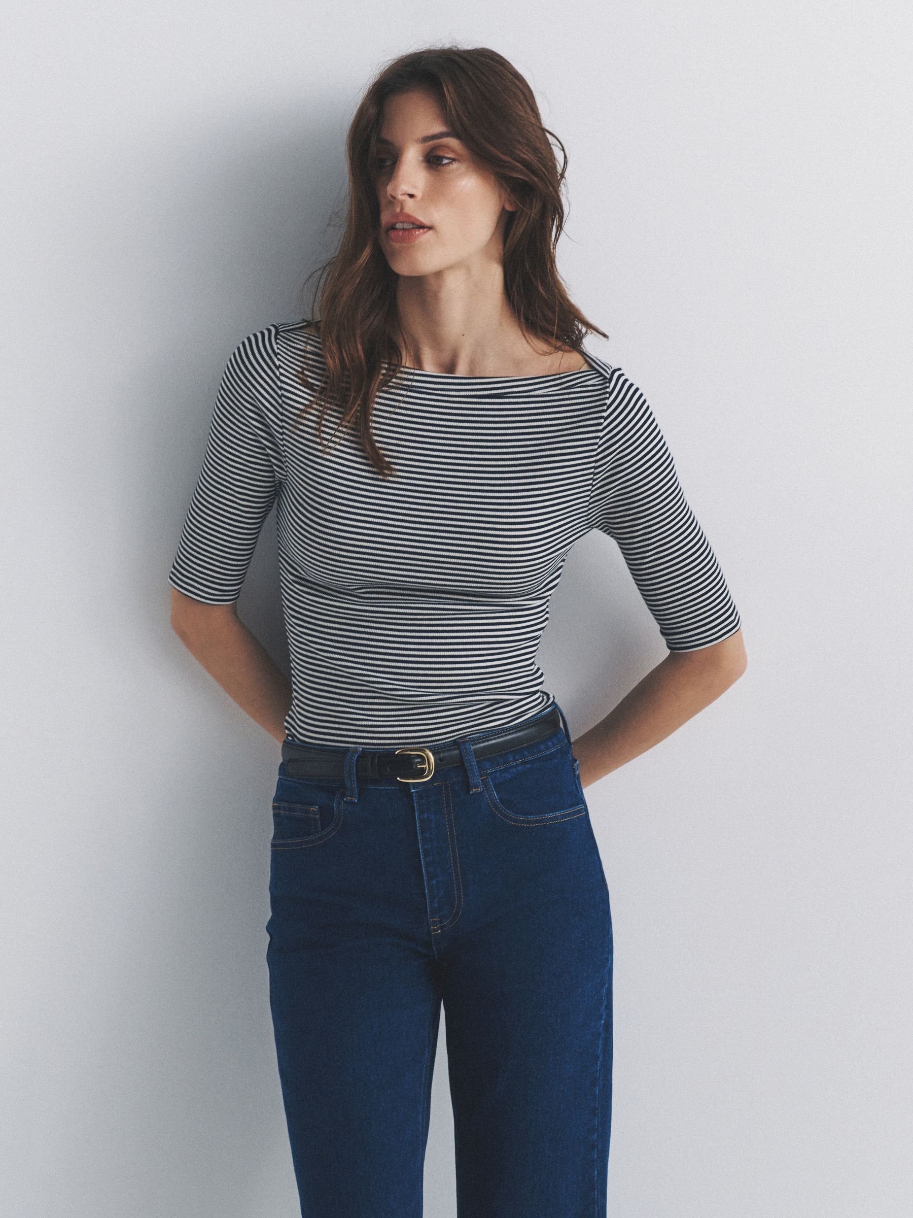 3 Pack Elbow Sleeve Ribbed Boat Neck Tops Navy/Stripe/White - Image 1 of 6 3 Pack Elbow Sleeve Ribbed Boat Neck Tops Navy/Stripe/White - Image 1 of 6