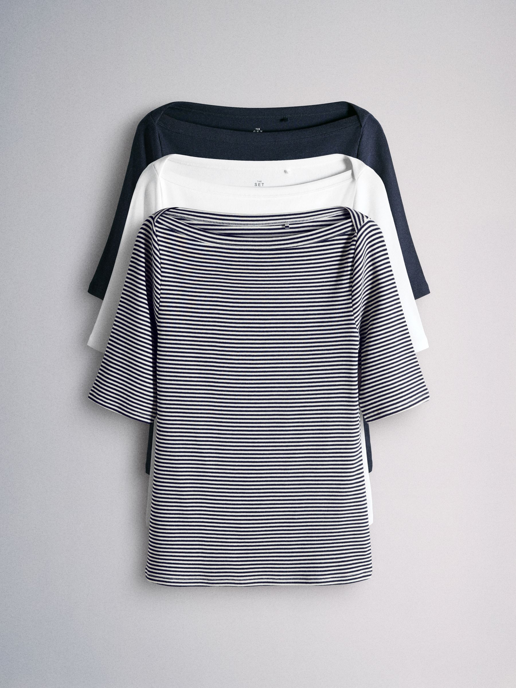 3 Pack Elbow Sleeve Ribbed Boat Neck Tops Navy/Stripe/White - Image 2 of 6