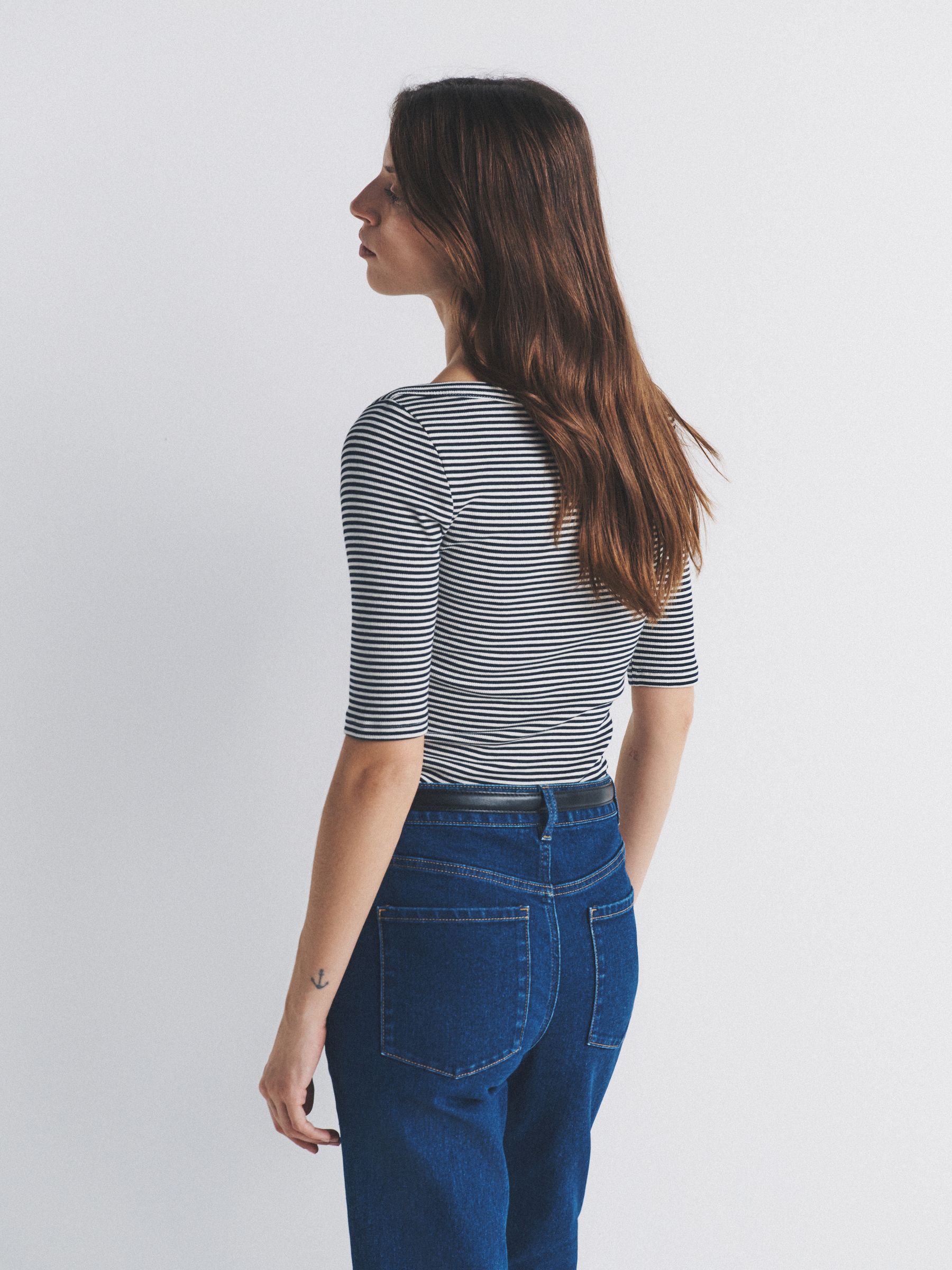 3 Pack Elbow Sleeve Ribbed Boat Neck Tops Navy/Stripe/White - Image 4 of 6