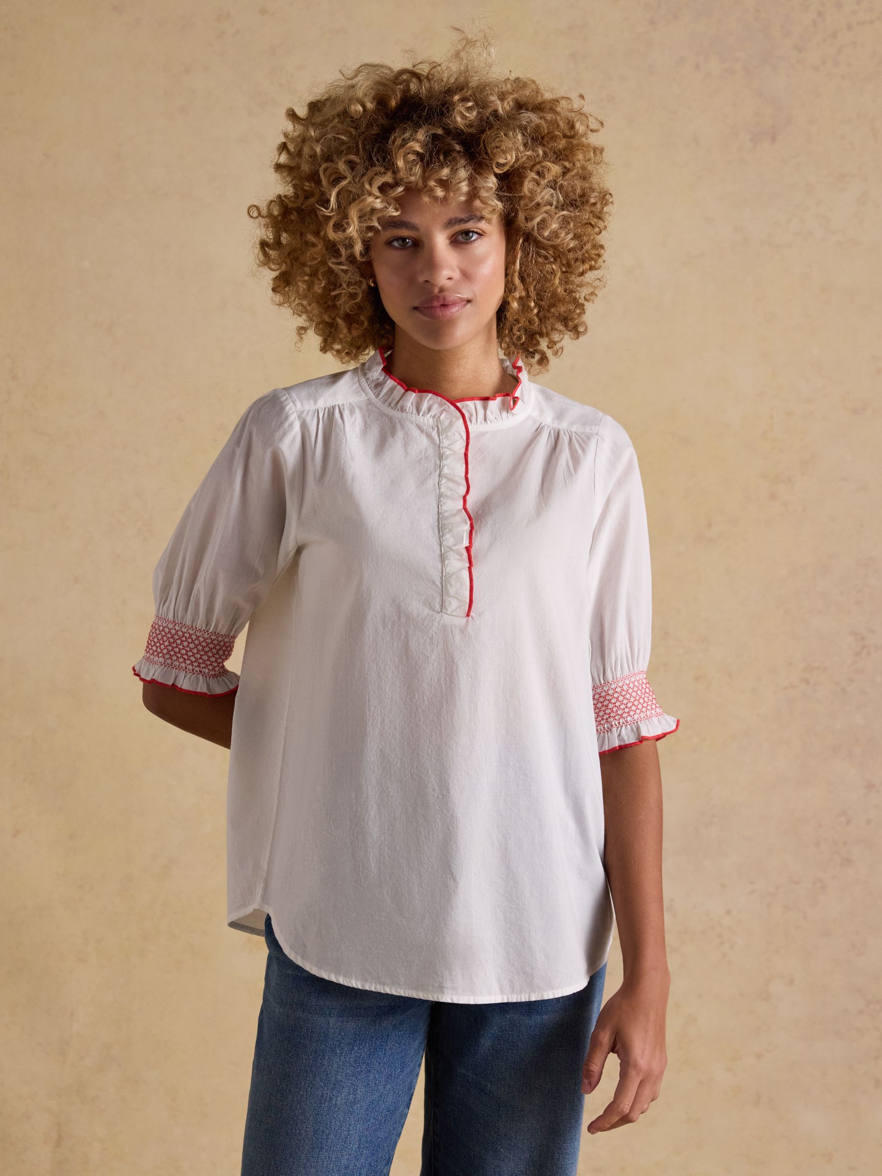 Melanie White with Contrast Trim Short Sleeve Ruffle Blouse - Image 1 of 8