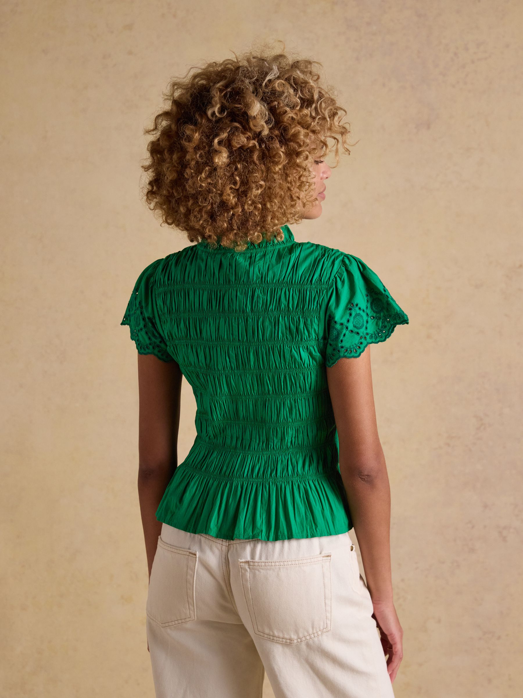 Ettie Green Frill Shirred Top With Broderie Sleeves - Image 2 of 7