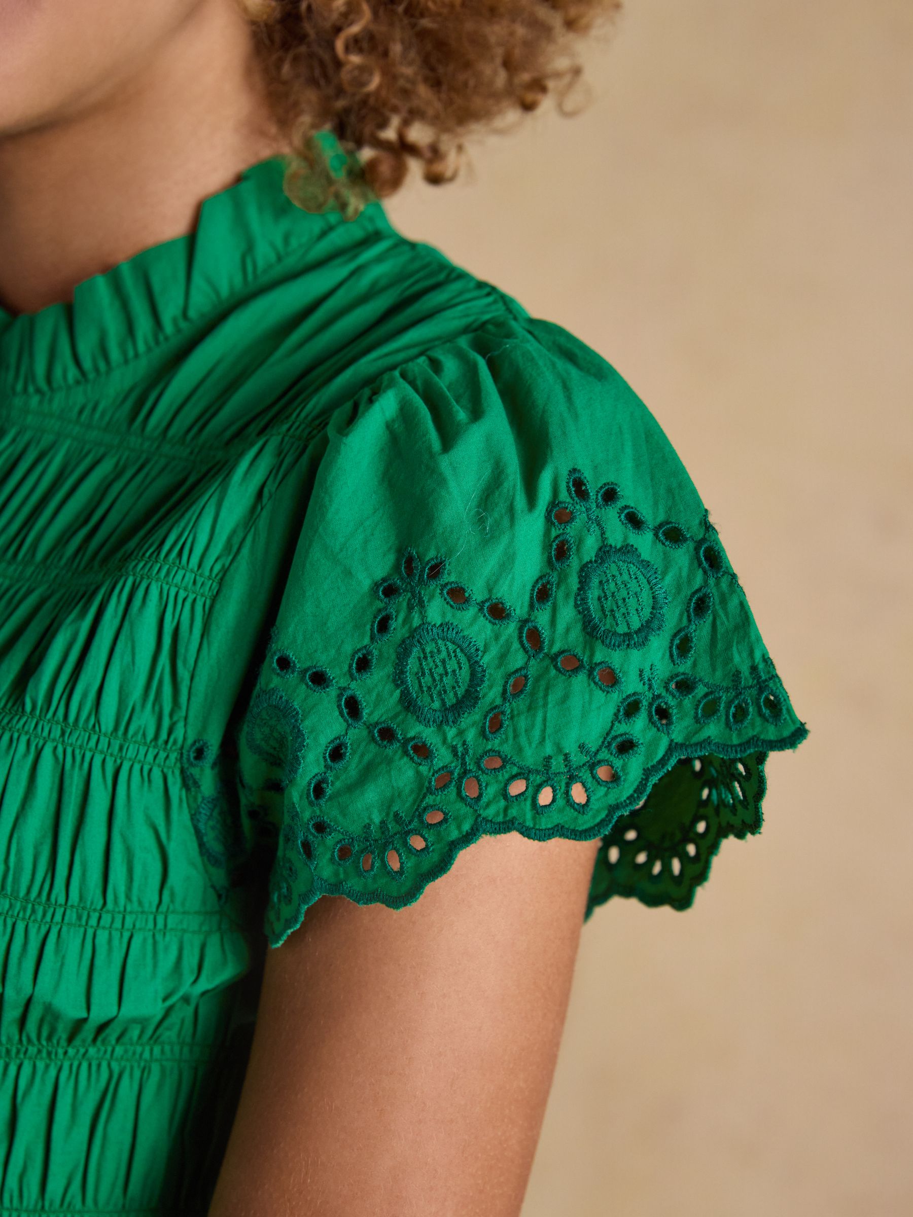 Ettie Green Frill Shirred Top With Broderie Sleeves - Image 4 of 7