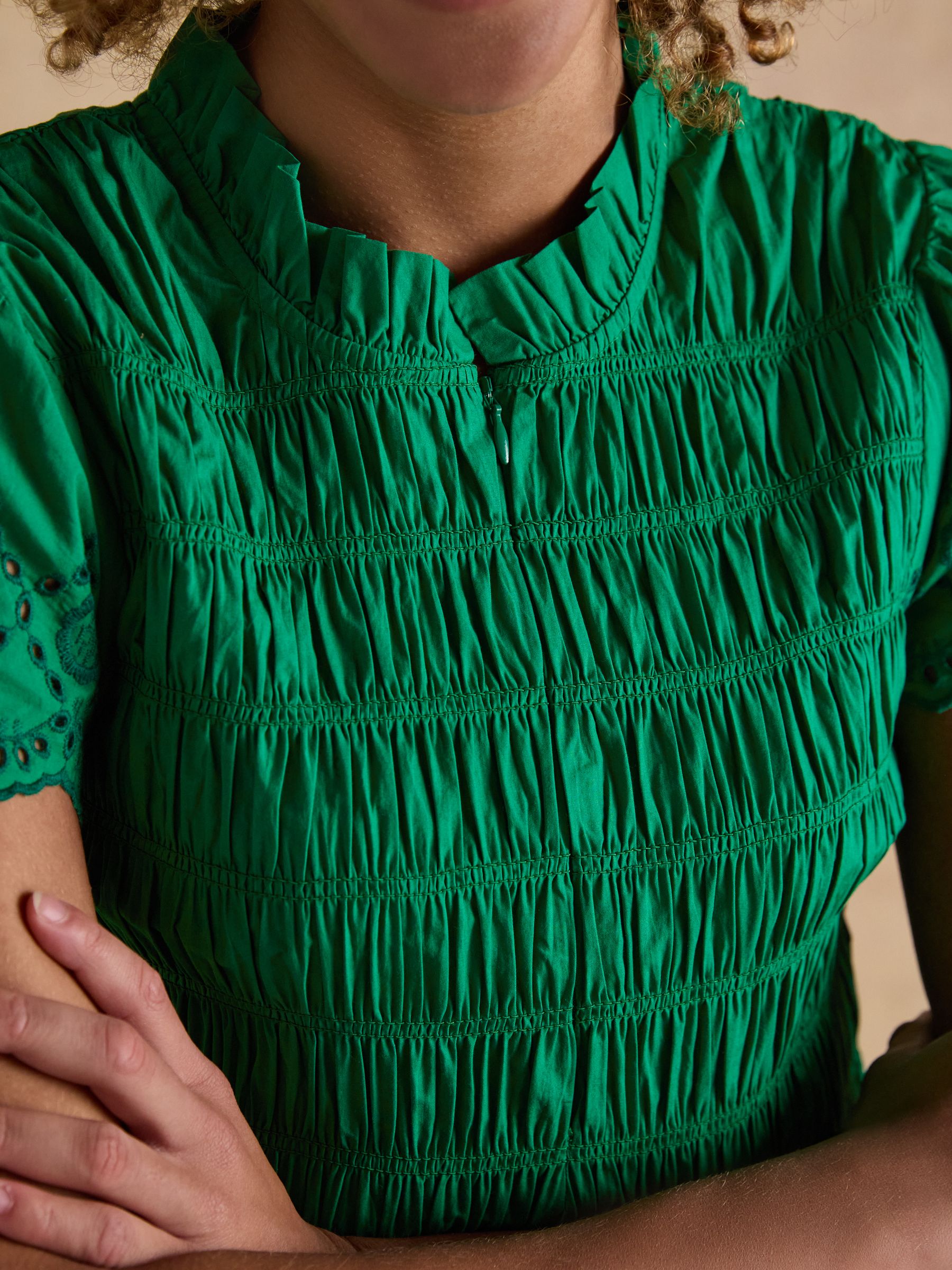 Ettie Green Frill Shirred Top With Broderie Sleeves - Image 6 of 7