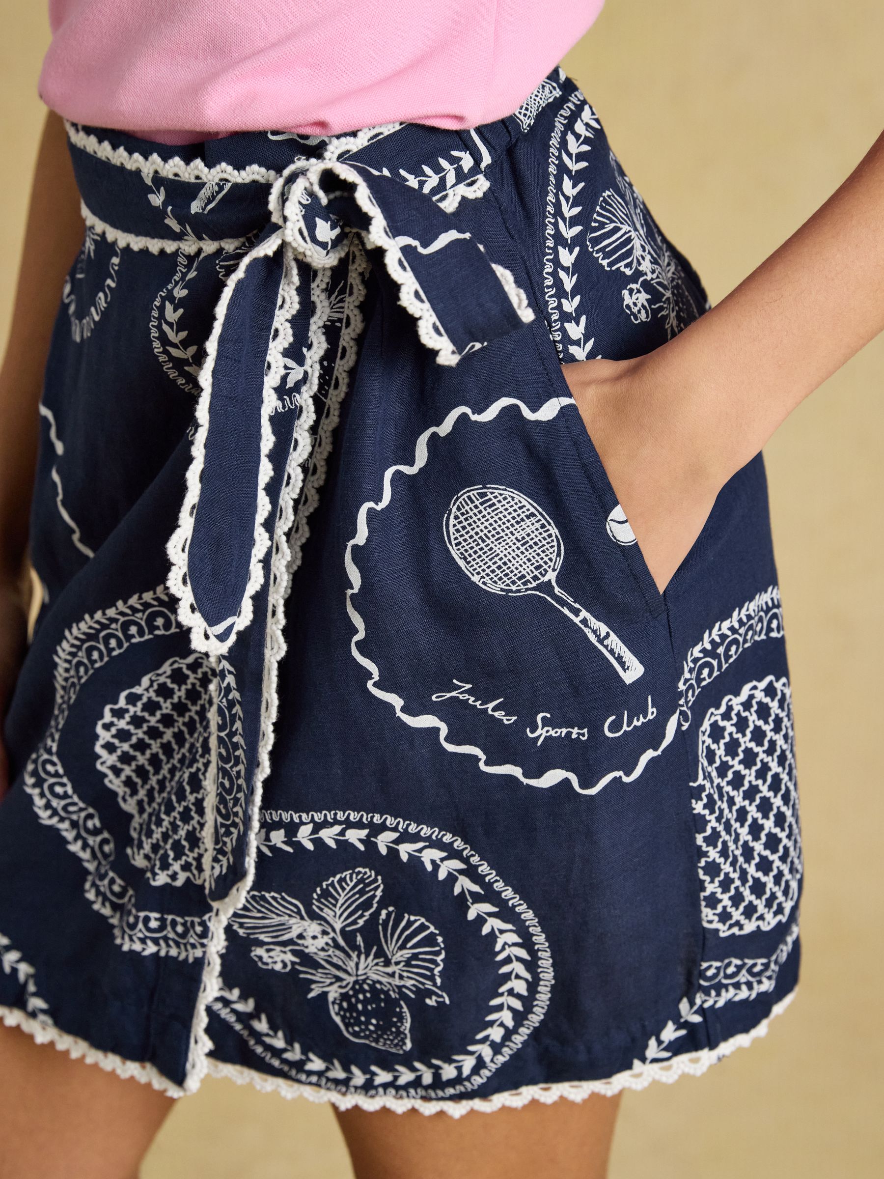 Navy Tennis Print Linen Blend Wrap Skirt - Image 7 of 9