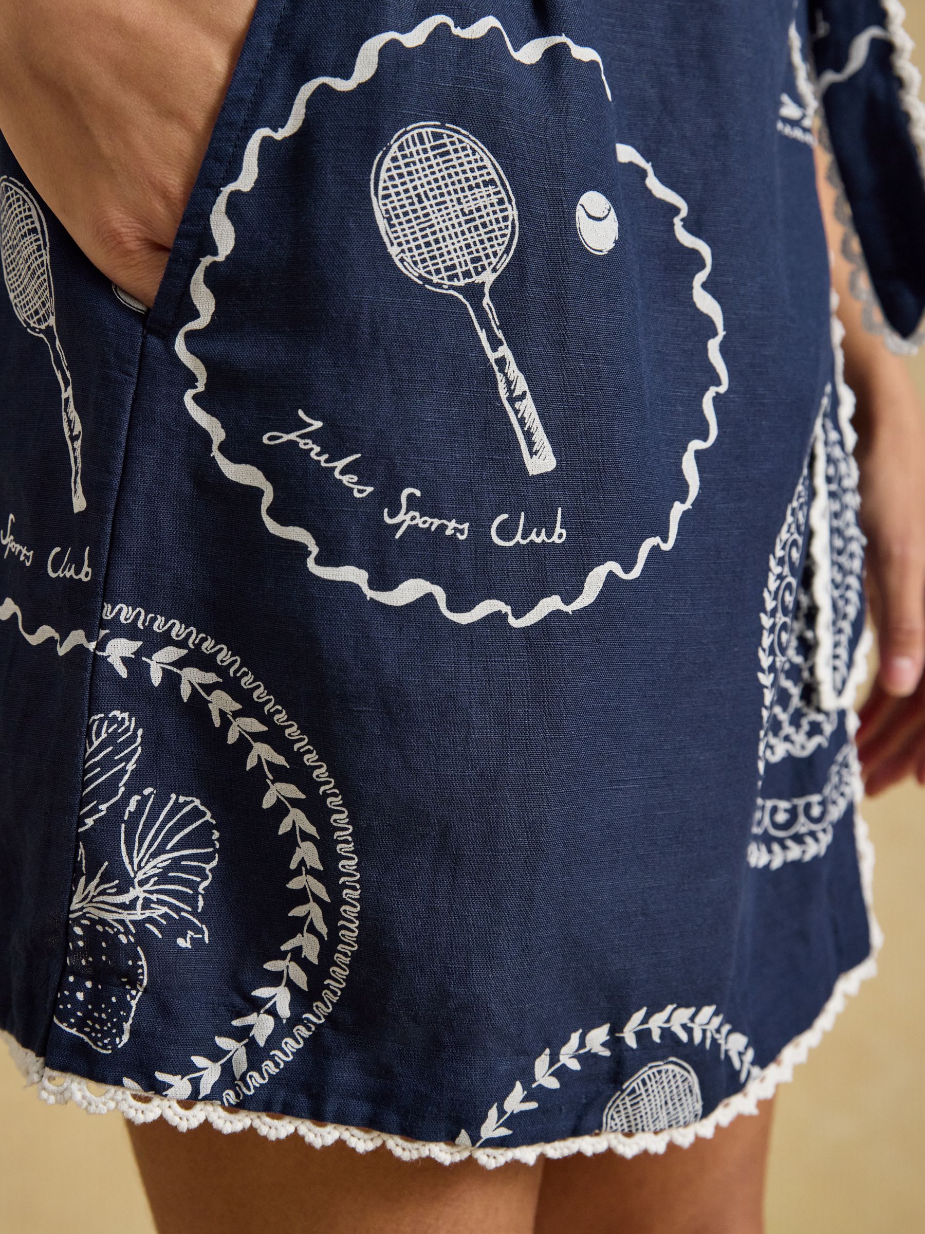 Navy Tennis Print Linen Blend Wrap Skirt - Image 8 of 9