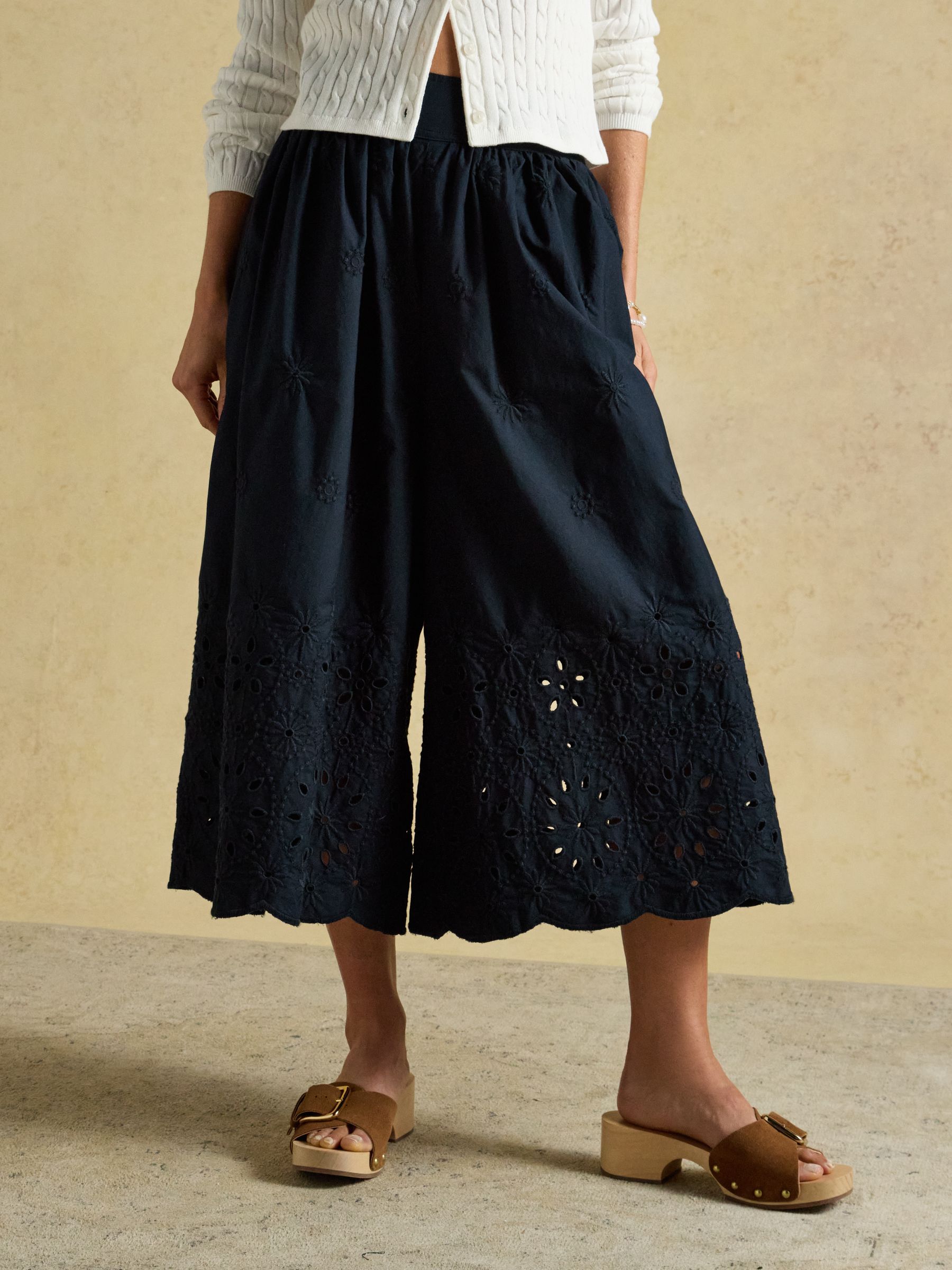 Navy Broderie Cropped Wide Leg Culottes - Image 1 of 9 Navy Broderie Cropped Wide Leg Culottes - Image 1 of 9