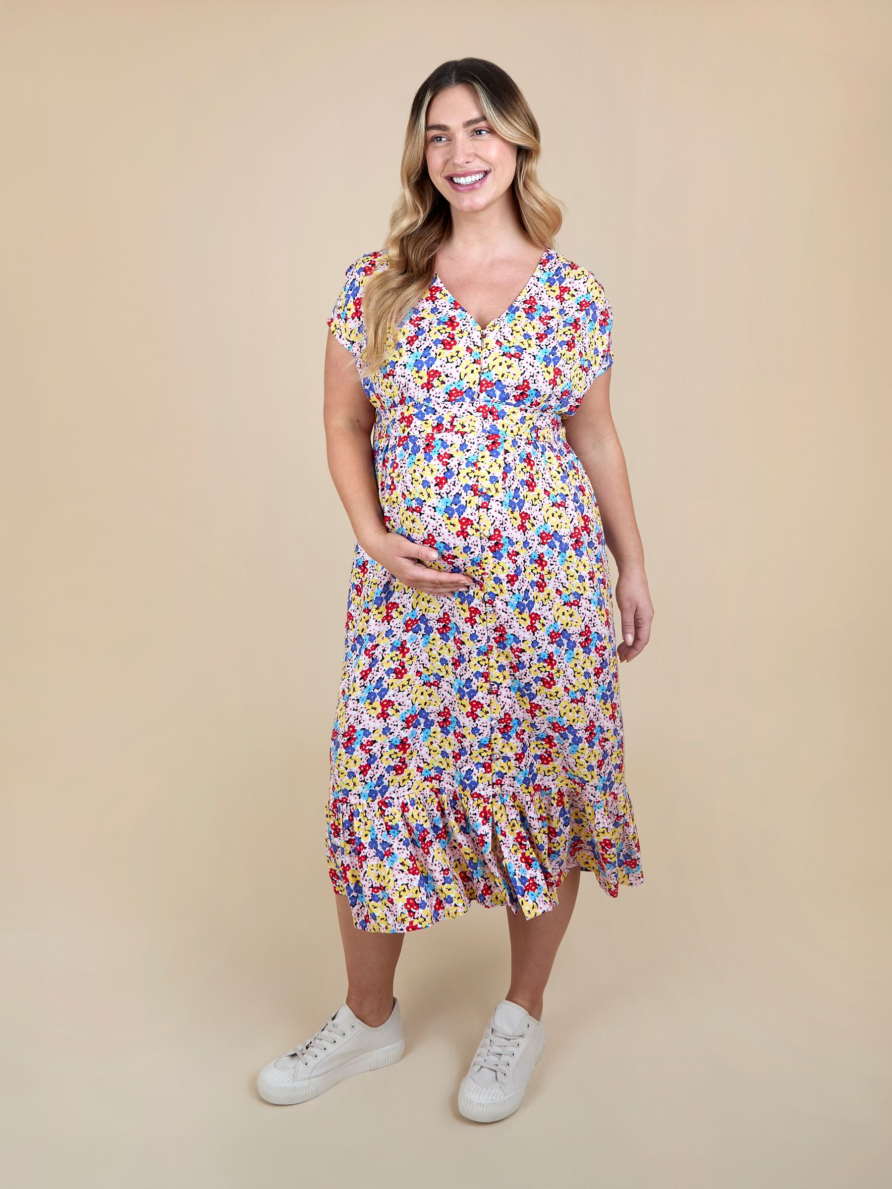 Multi Coloured Floral Puff Sleeve Button Through Tie Waist Maternity Tea Dress - Image 1 of 5