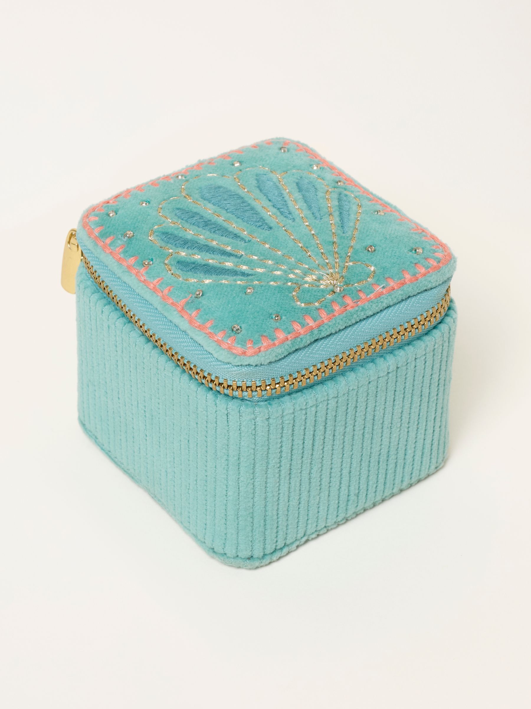 Light Teal Shell Embroidered Travel Jewellery Box - Image 1 of 2
