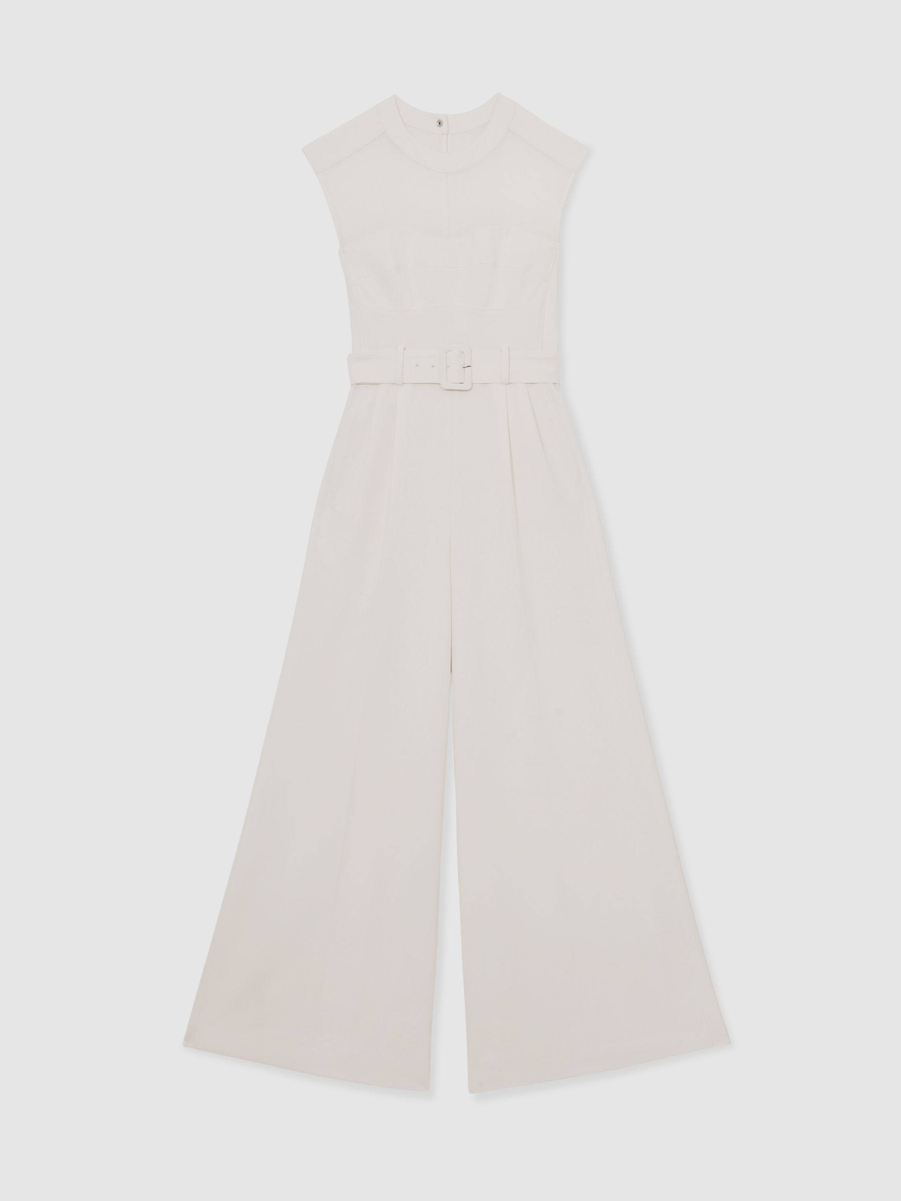 Sheer-Panel Wide-Leg Belted Jumpsuit in Ivory