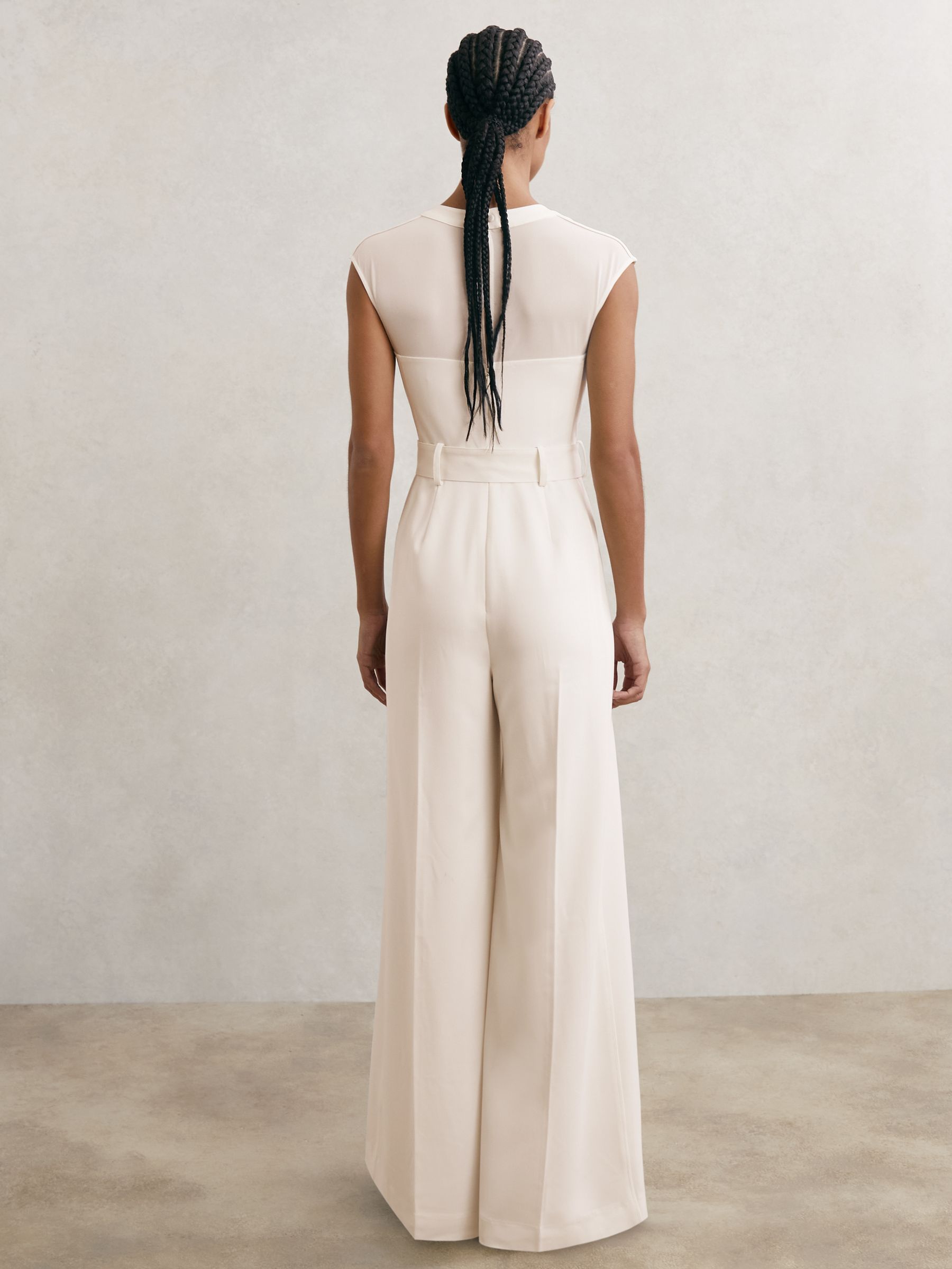 Sheer-Panel Wide-Leg Belted Jumpsuit in Ivory - Image 5 of 6