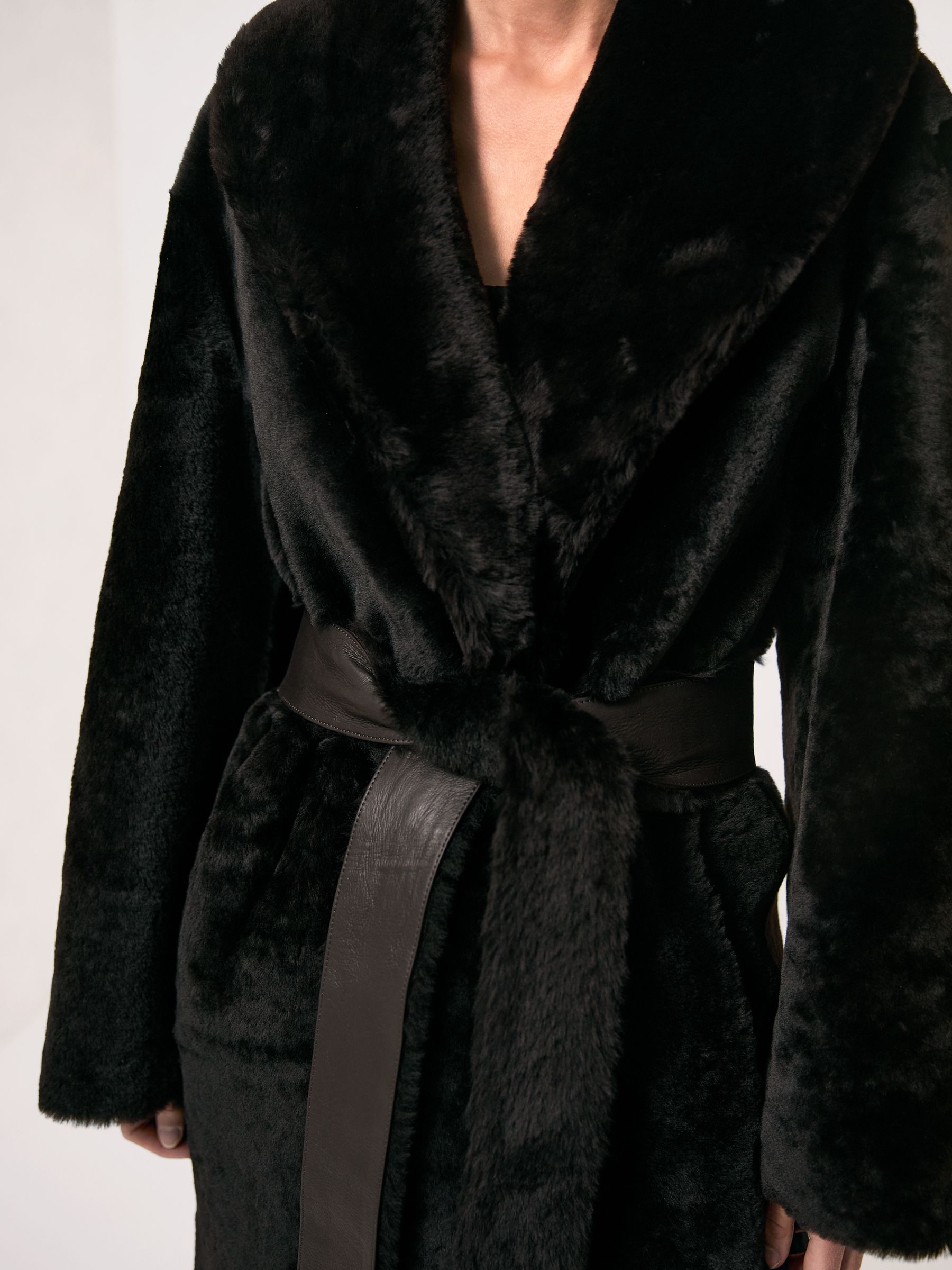 Shearling Belted Coat in Chocolate Brown - Image 4 of 7