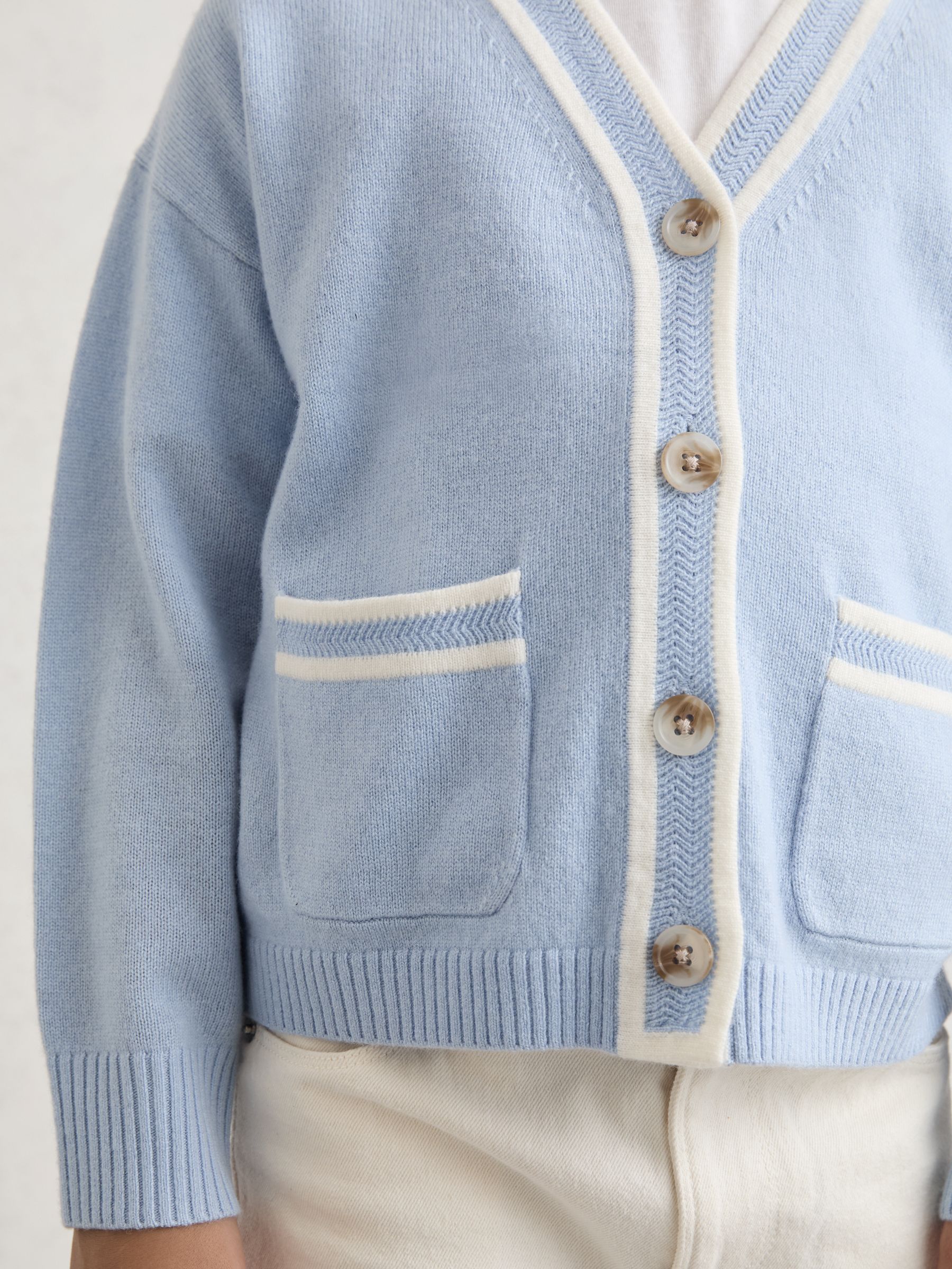 9-13 yrs Wool-Blend Tipped Cardigan with Cashmere in Pale Blue - Image 4 of 5