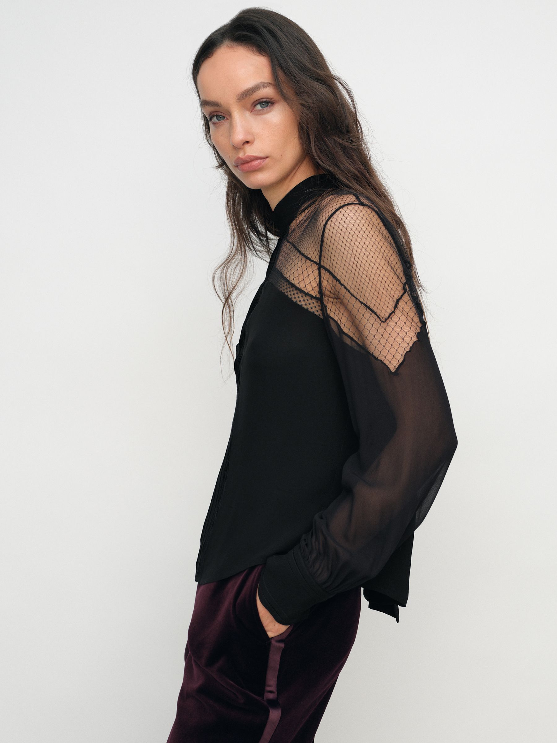 Lace-Insert Tie-Back Blouse in Black - image 4