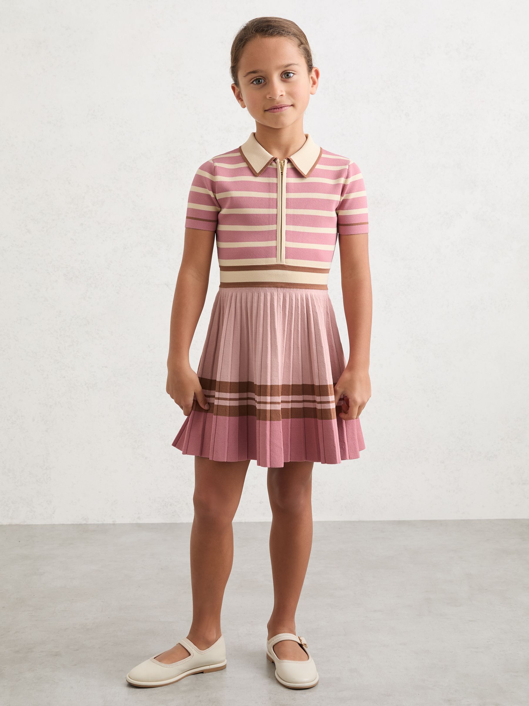 9-13 yrs Cotton Collared Stripe Knit Dress in Pink - Image 3 of 5
