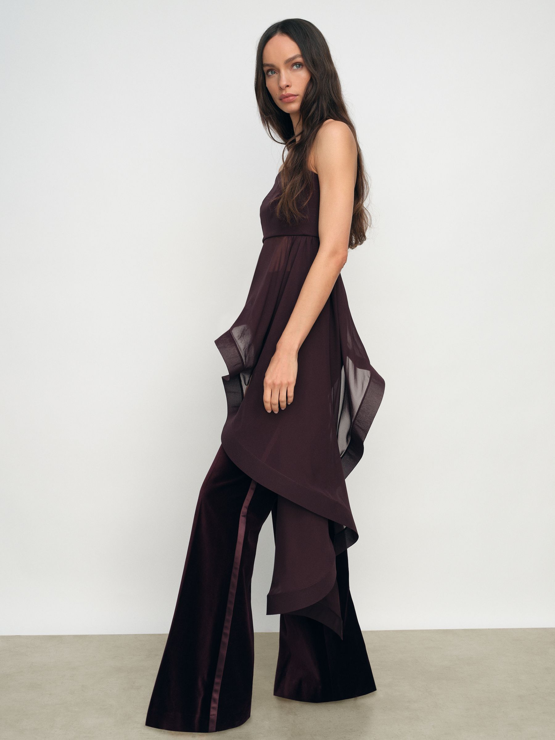 Silk Asymmetric-Ruffle Bandeau Top in Burgundy - Image 4 of 6