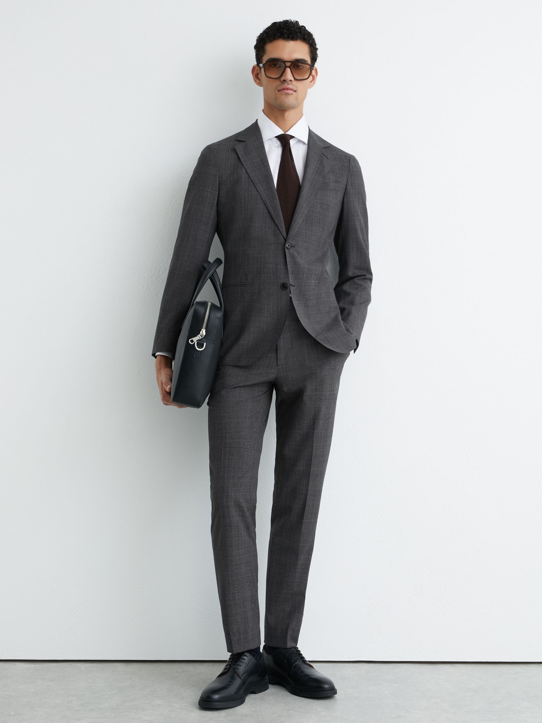 Wool-Blend Single-Breasted Check Blazer Tailored-Fit in Charcoal Grey - Image 1 of 9