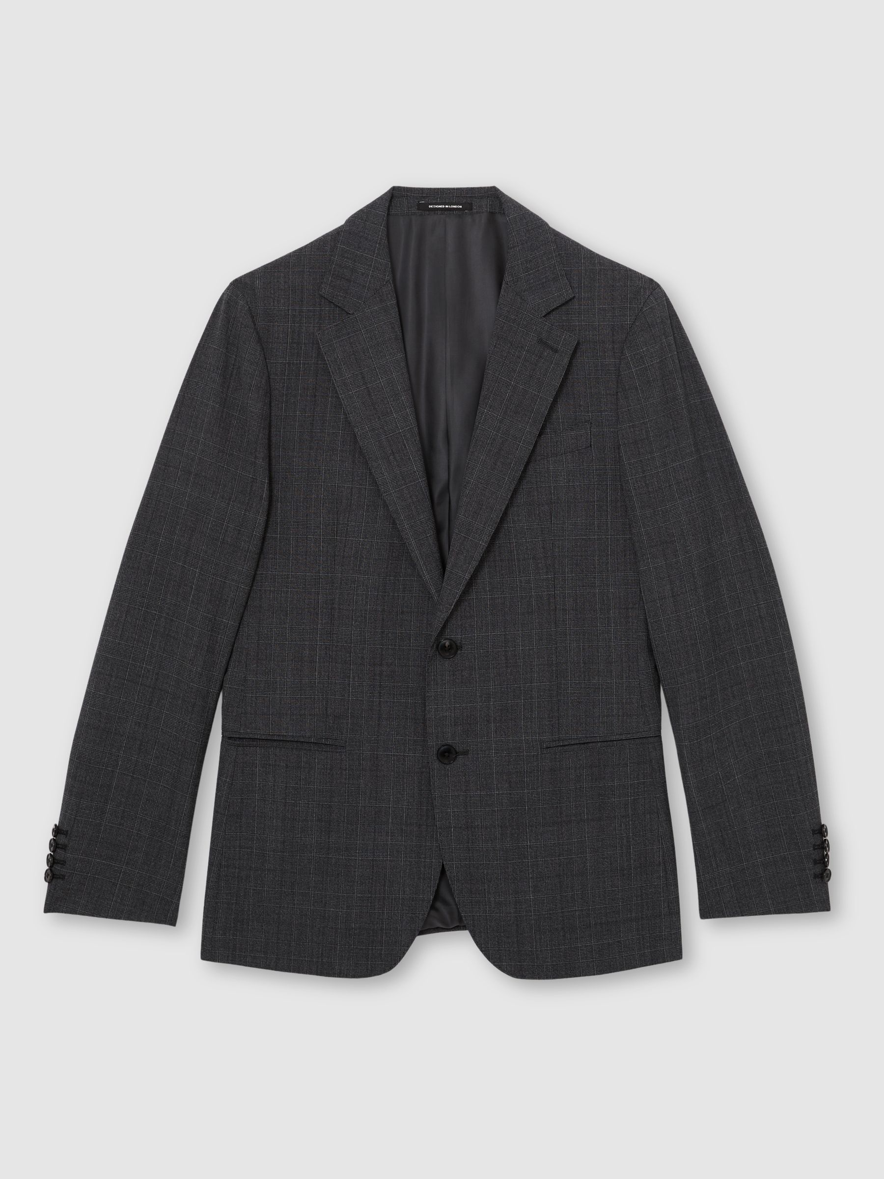 Wool-Blend Single-Breasted Check Blazer Tailored-Fit in Charcoal Grey - Image 2 of 9