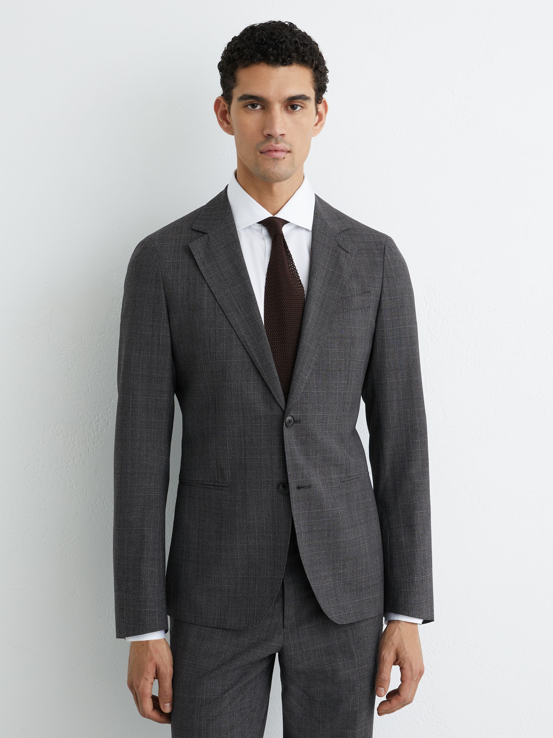 Wool-Blend Single-Breasted Check Blazer Tailored-Fit in Charcoal Grey - Image 5 of 9