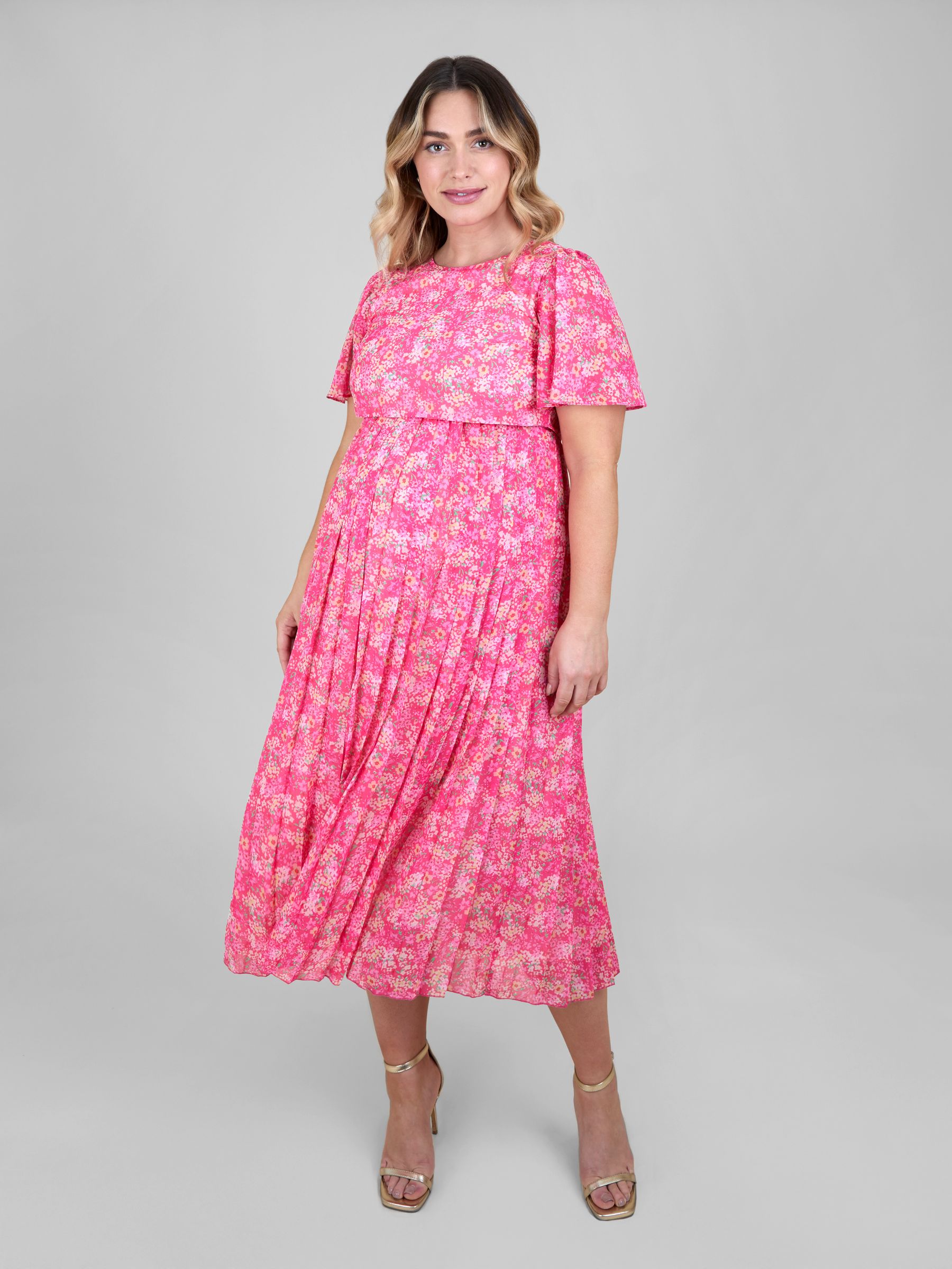 Bright Pink Floral Chiffon Pleated Nursing Midi Dress | JoJo Maman Bb USA