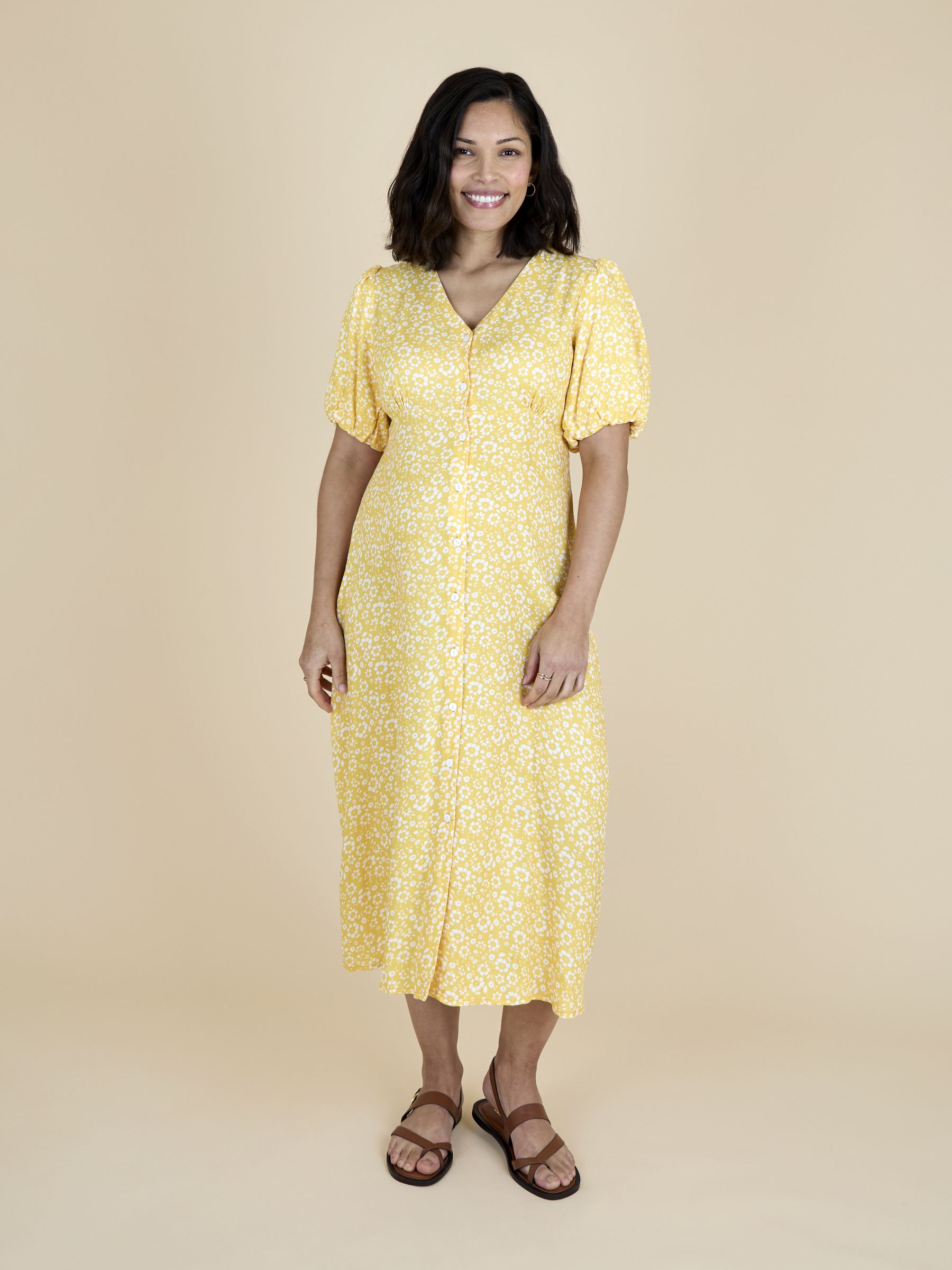 Yellow Puff Sleeve Button Through Tie Waist Tea Dress - Image 1 of 4