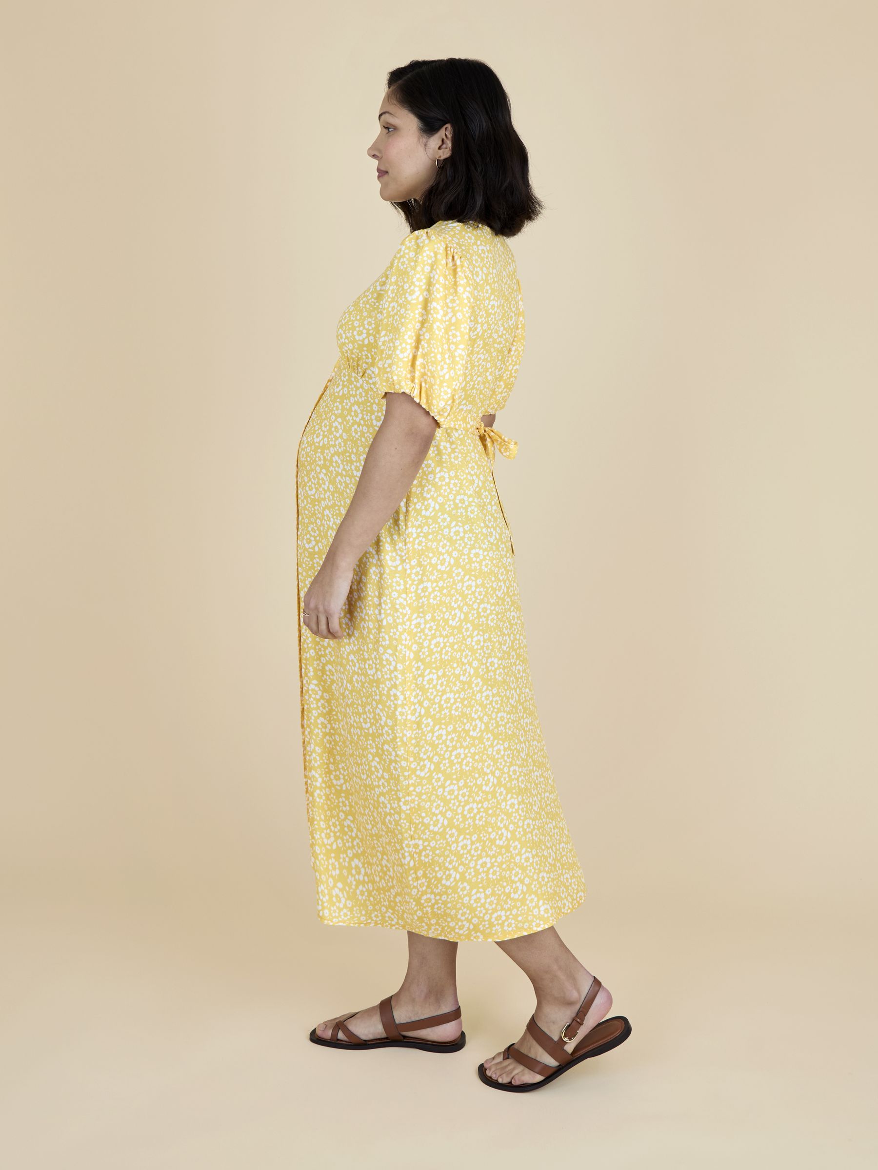 Yellow Puff Sleeve Button Through Tie Waist Tea Dress - Image 2 of 4