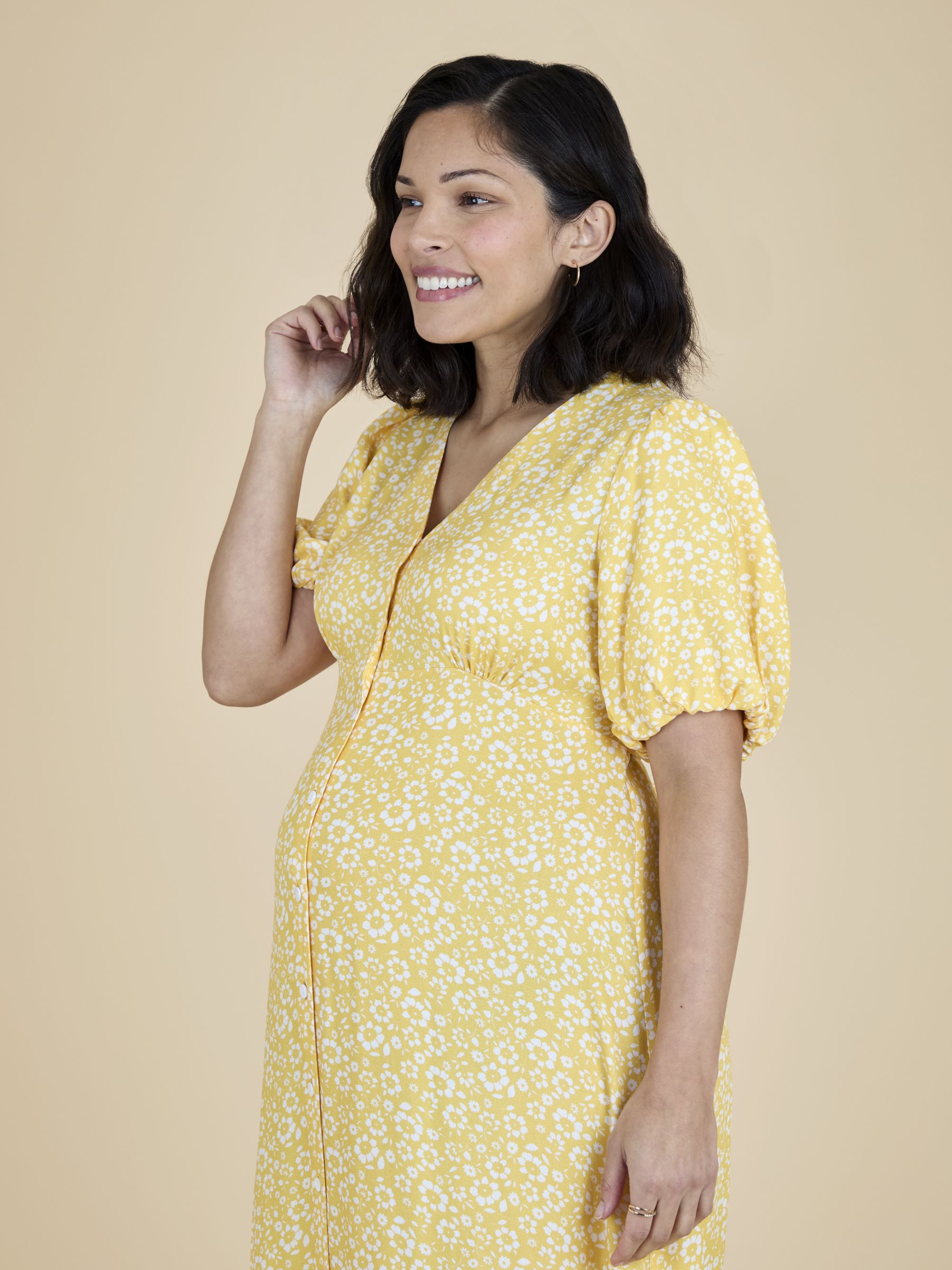 Yellow Puff Sleeve Button Through Tie Waist Tea Dress - Image 3 of 4