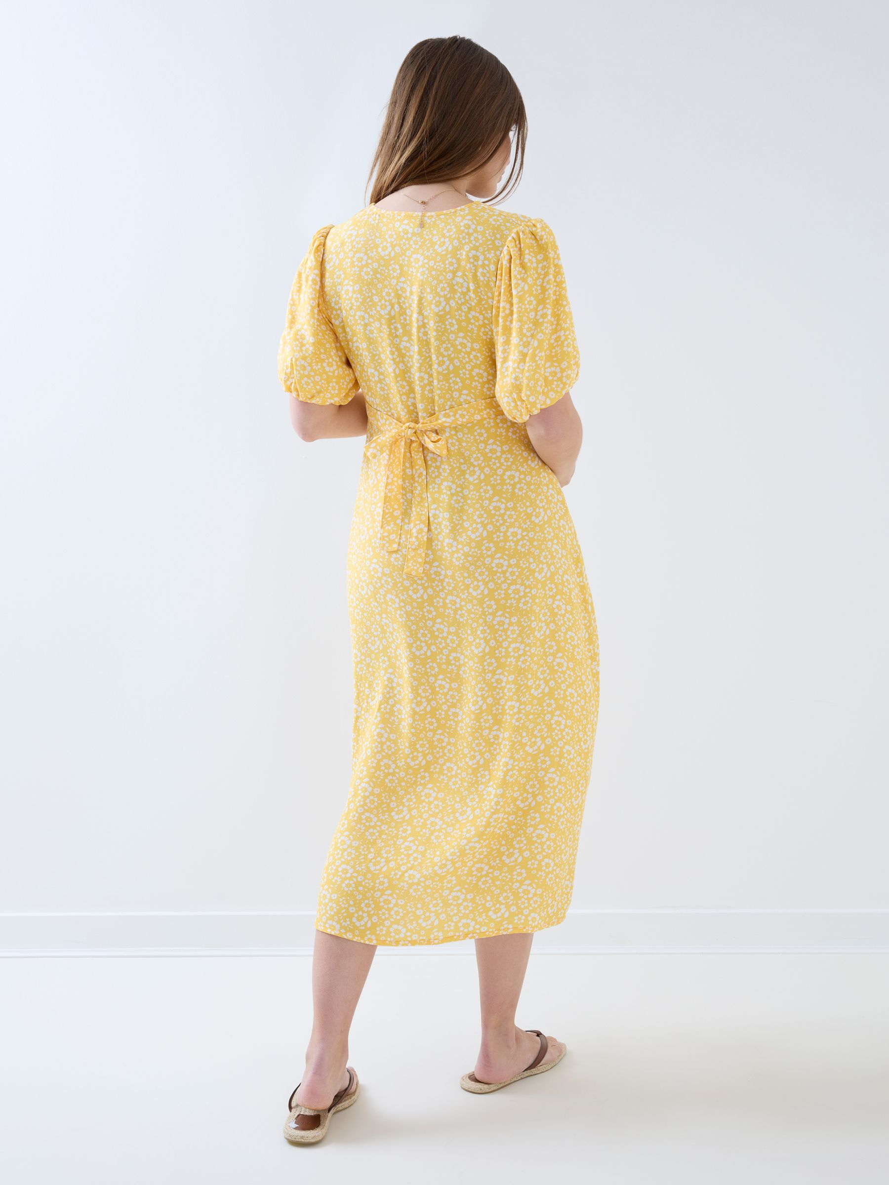 Yellow Puff Sleeve Button Through Tie Waist Tea Dress - Image 6 of 6