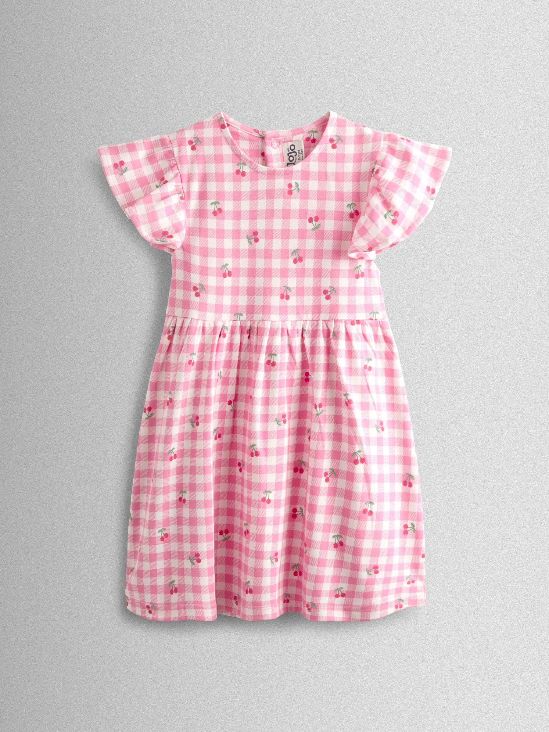 Pink Gingham Cherry Printed Flutter Sleeve Dress - Image 1 of 4
