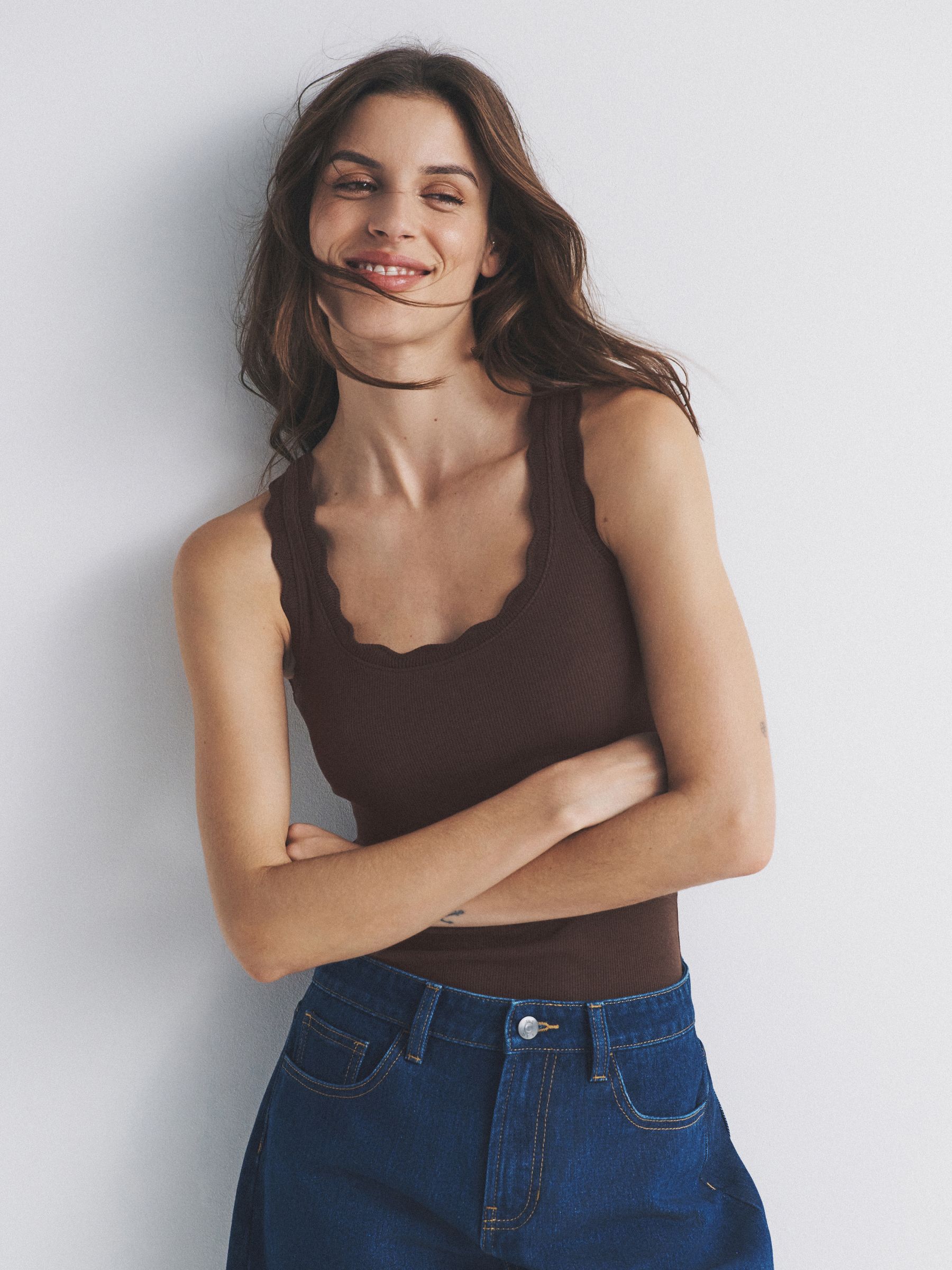 3 Pack Scallop Trim Ribbed Vest Black/Chocolate Brown/White - Image 1 of 6