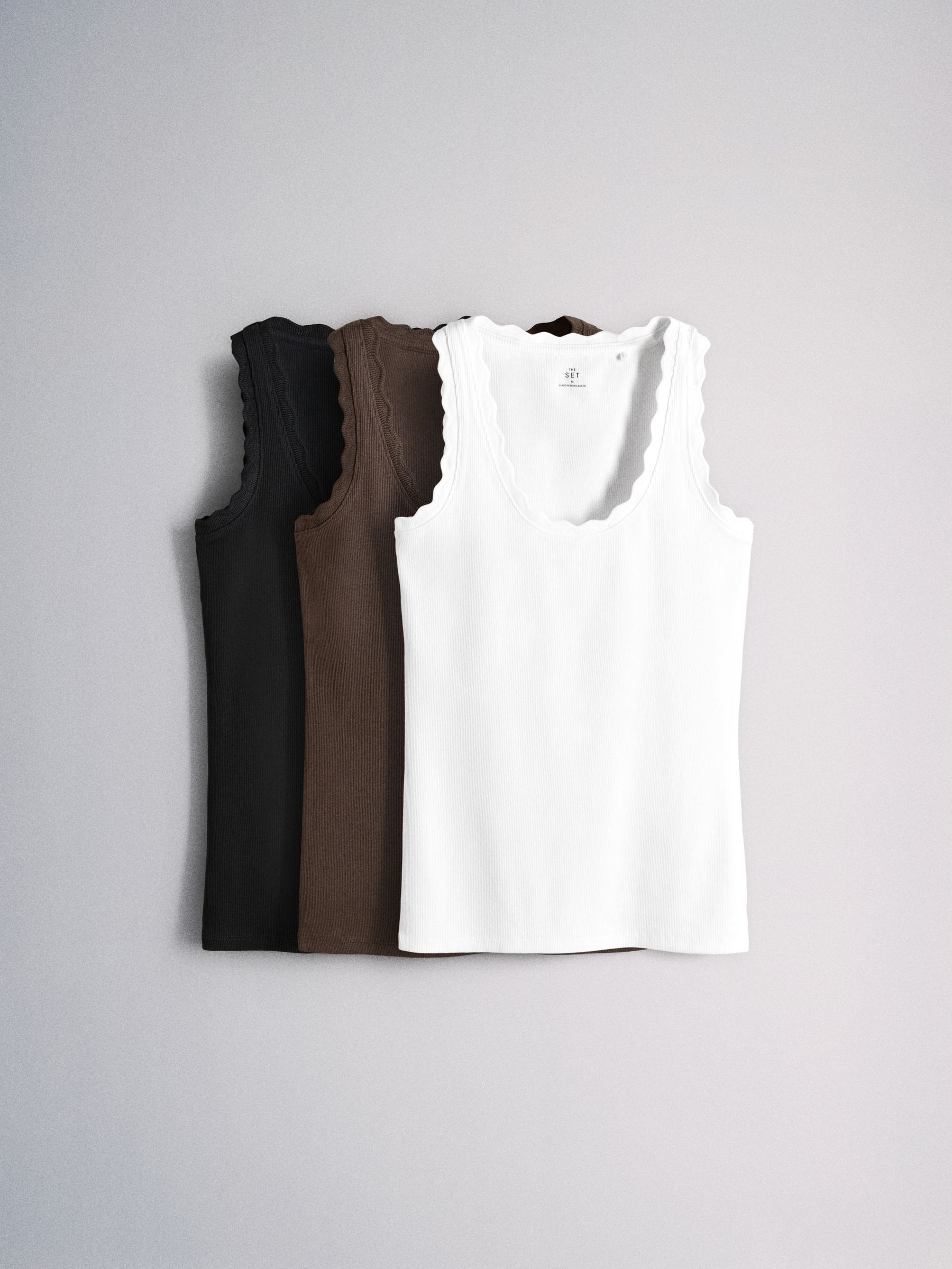 3 Pack Scallop Trim Ribbed Vest Black/Chocolate Brown/White - Image 2 of 6