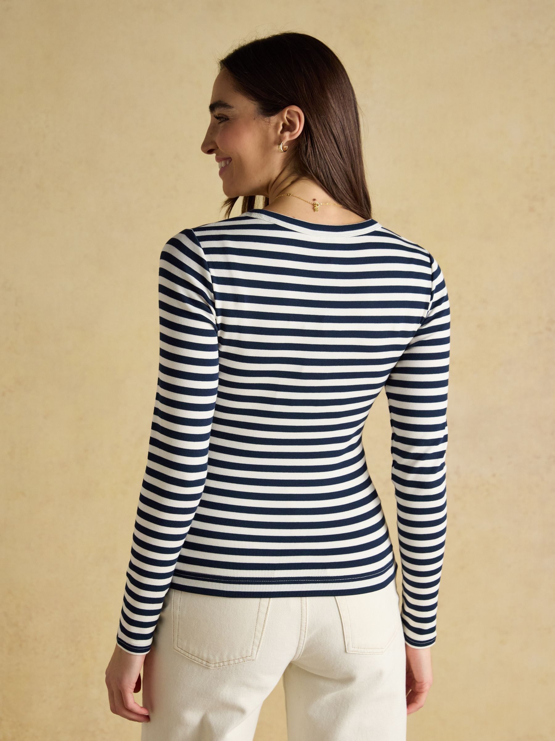 Sophie Navy Striped Long Sleeve Ribbed Fitted T-Shirt | Joules