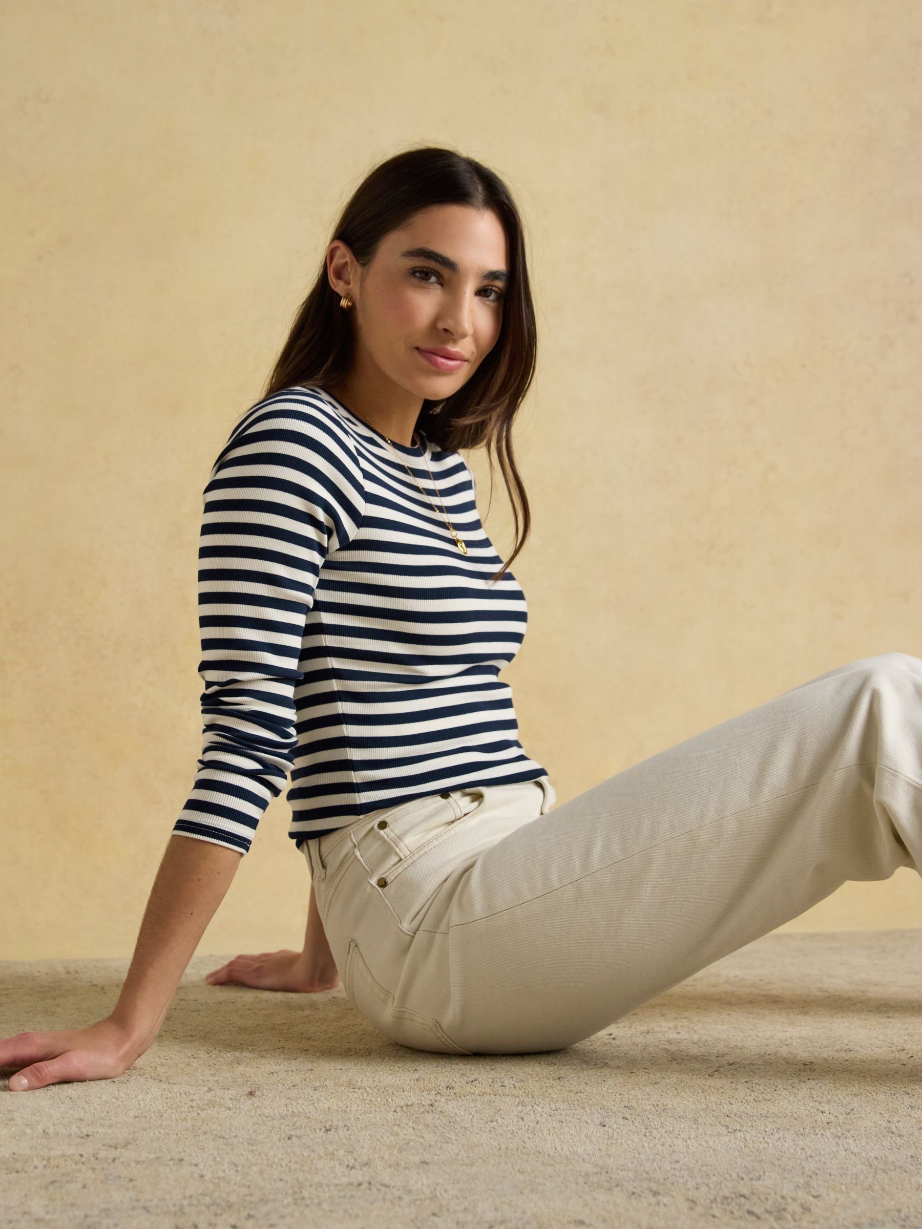 Sophie Navy Striped Long Sleeve Ribbed Fitted T-Shirt | Joules