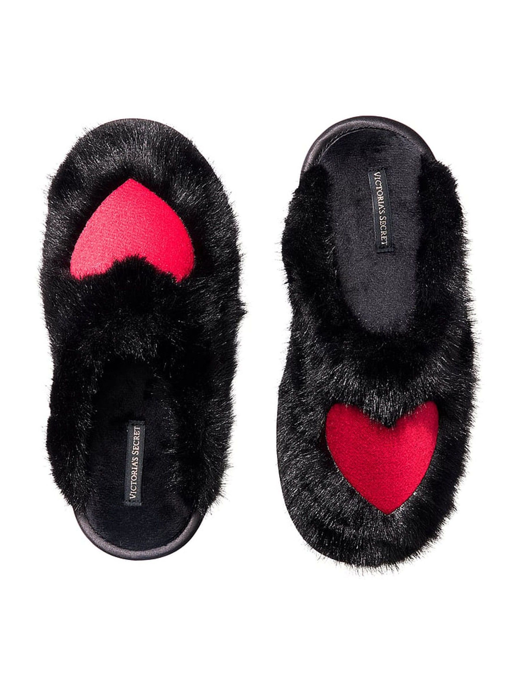Black & Red Heart Closed Toe Faux Fur Slippers - Image 1 of 2