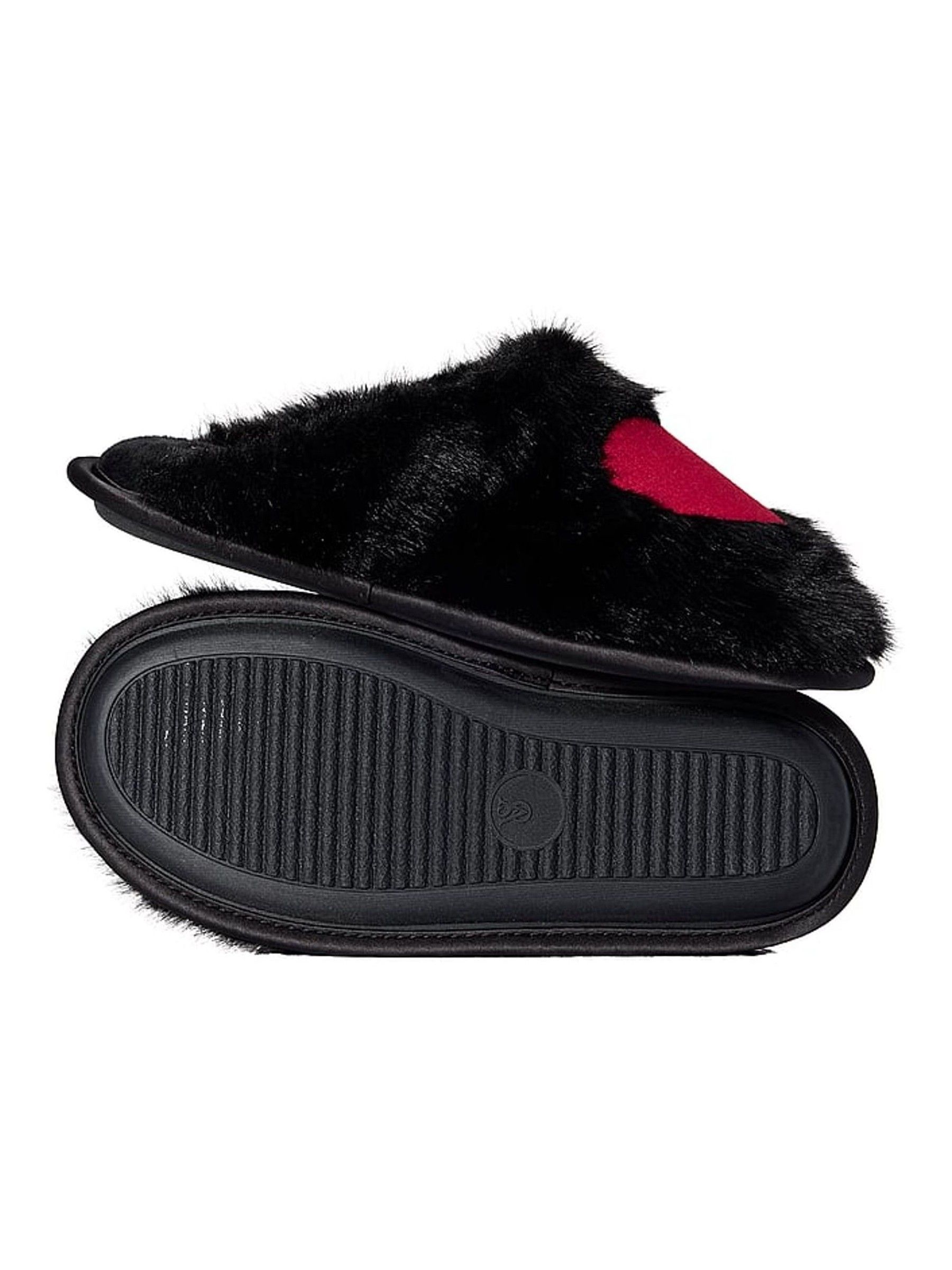 Black & Red Heart Closed Toe Faux Fur Slippers - Image 2 of 2 Black & Red Heart Closed Toe Faux Fur Slippers - Image 2 of 2