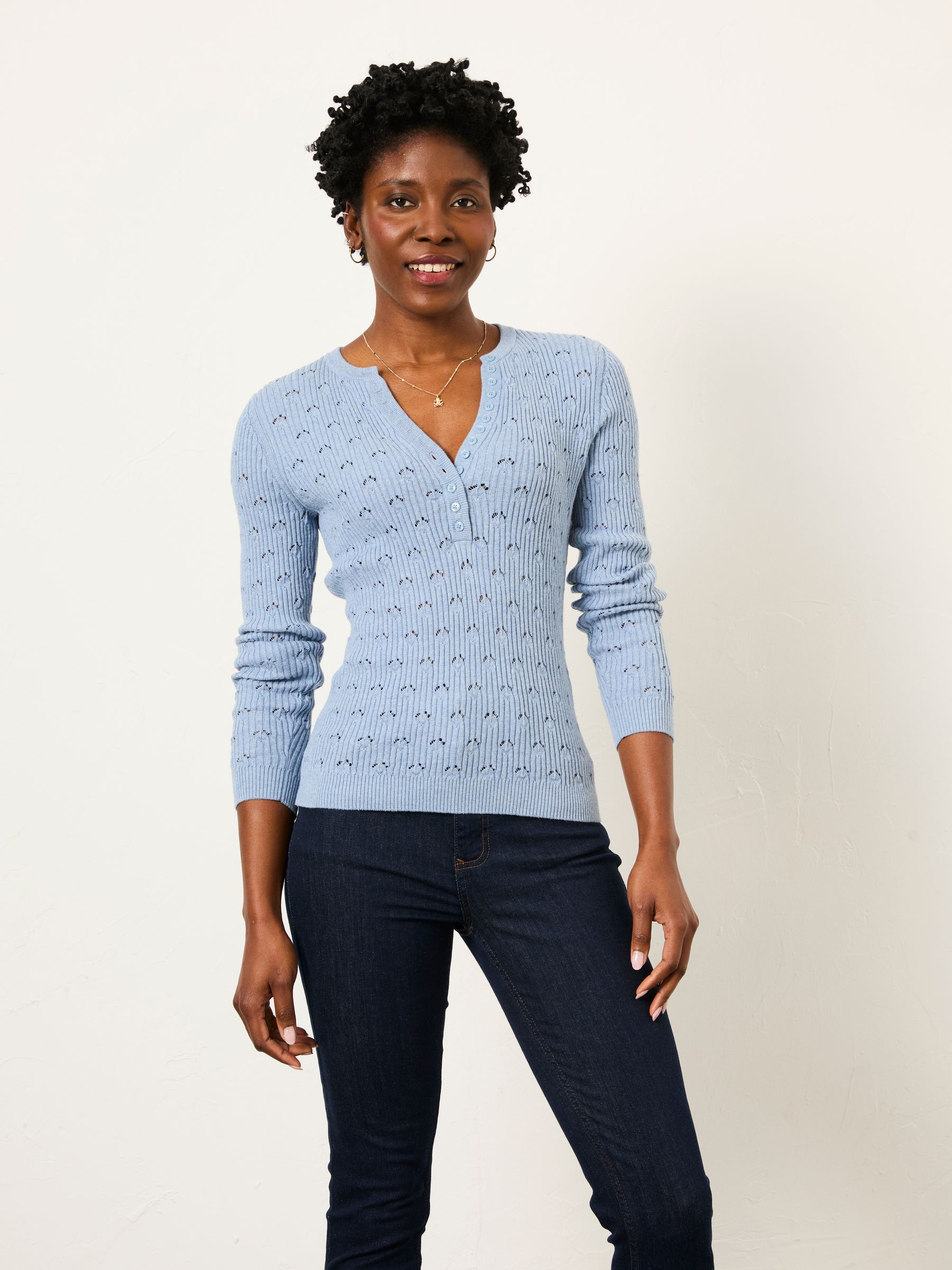 Lois Chambray Blue Knitted Button Front Henley - Image 1 of 5