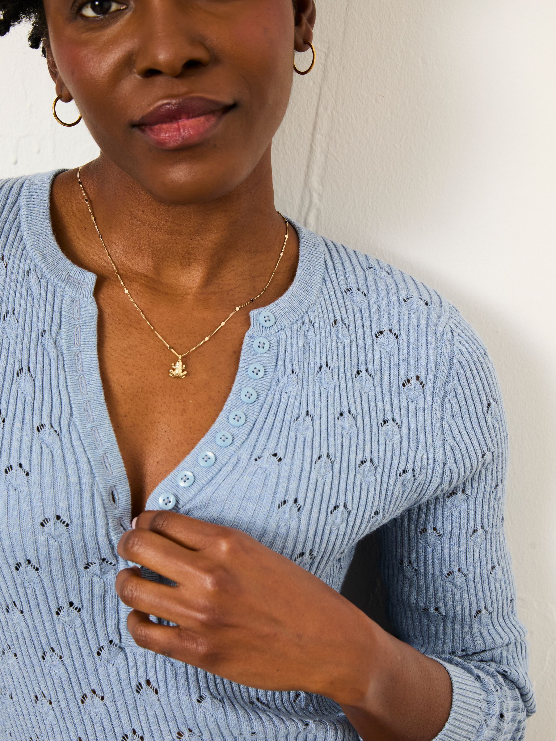 Lois Chambray Blue Knitted Button Front Henley | FatFace USA