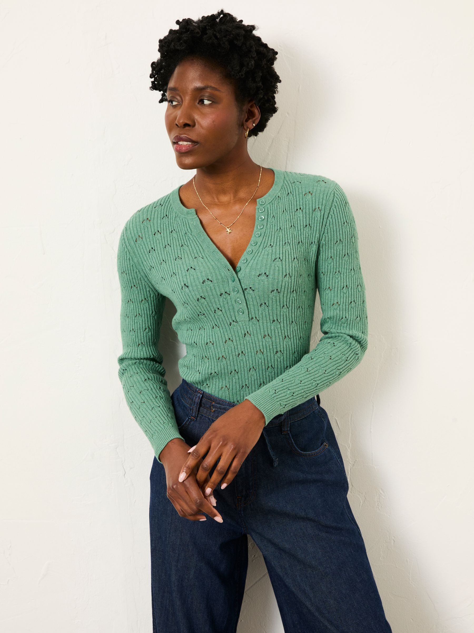 Lois Jade Green Knitted Button Front Henley - Image 1 of 6