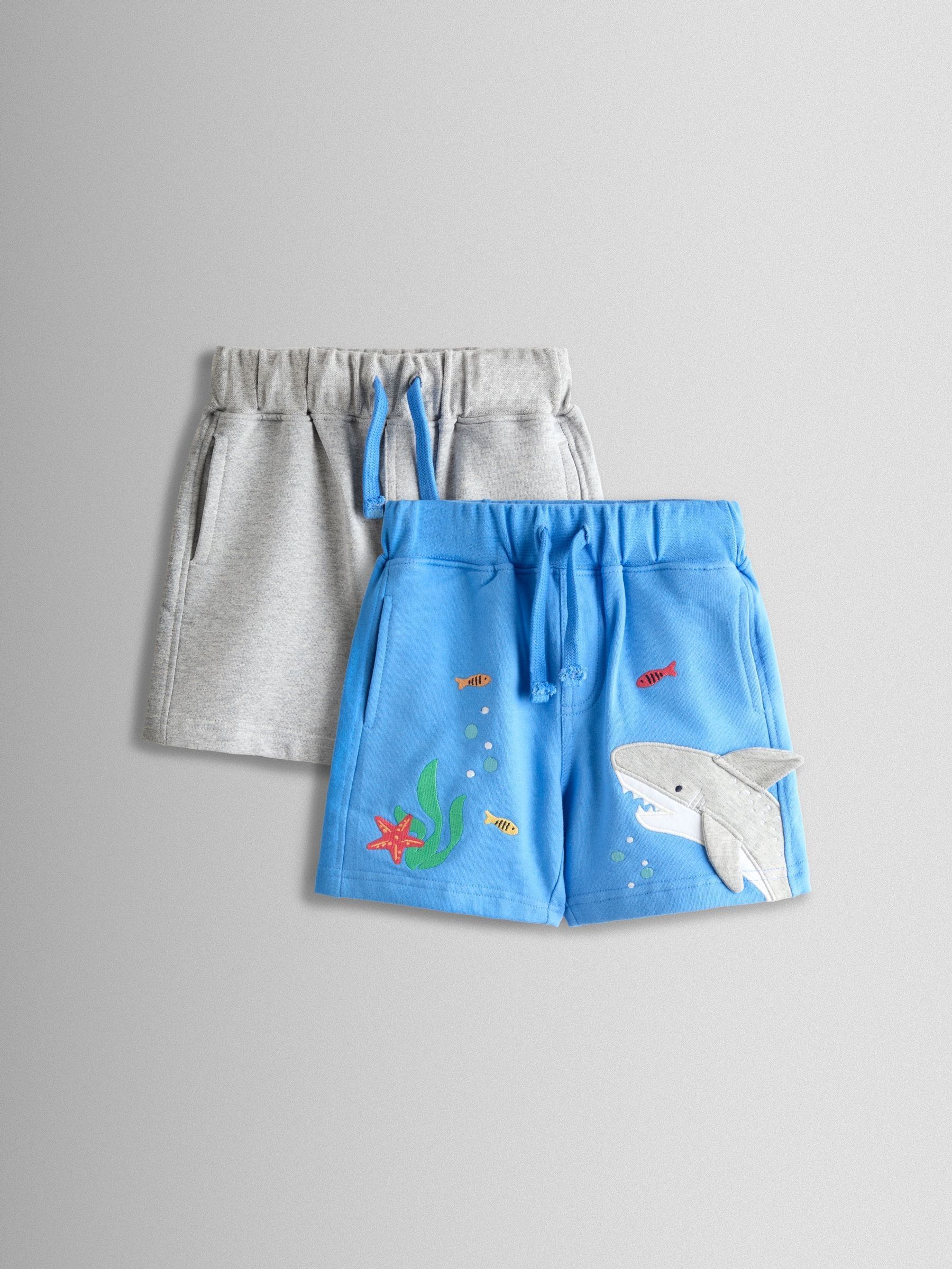 Blue & Grey Shark 2-Pack Appliqué & Plain Shorts - Image 1 of 8