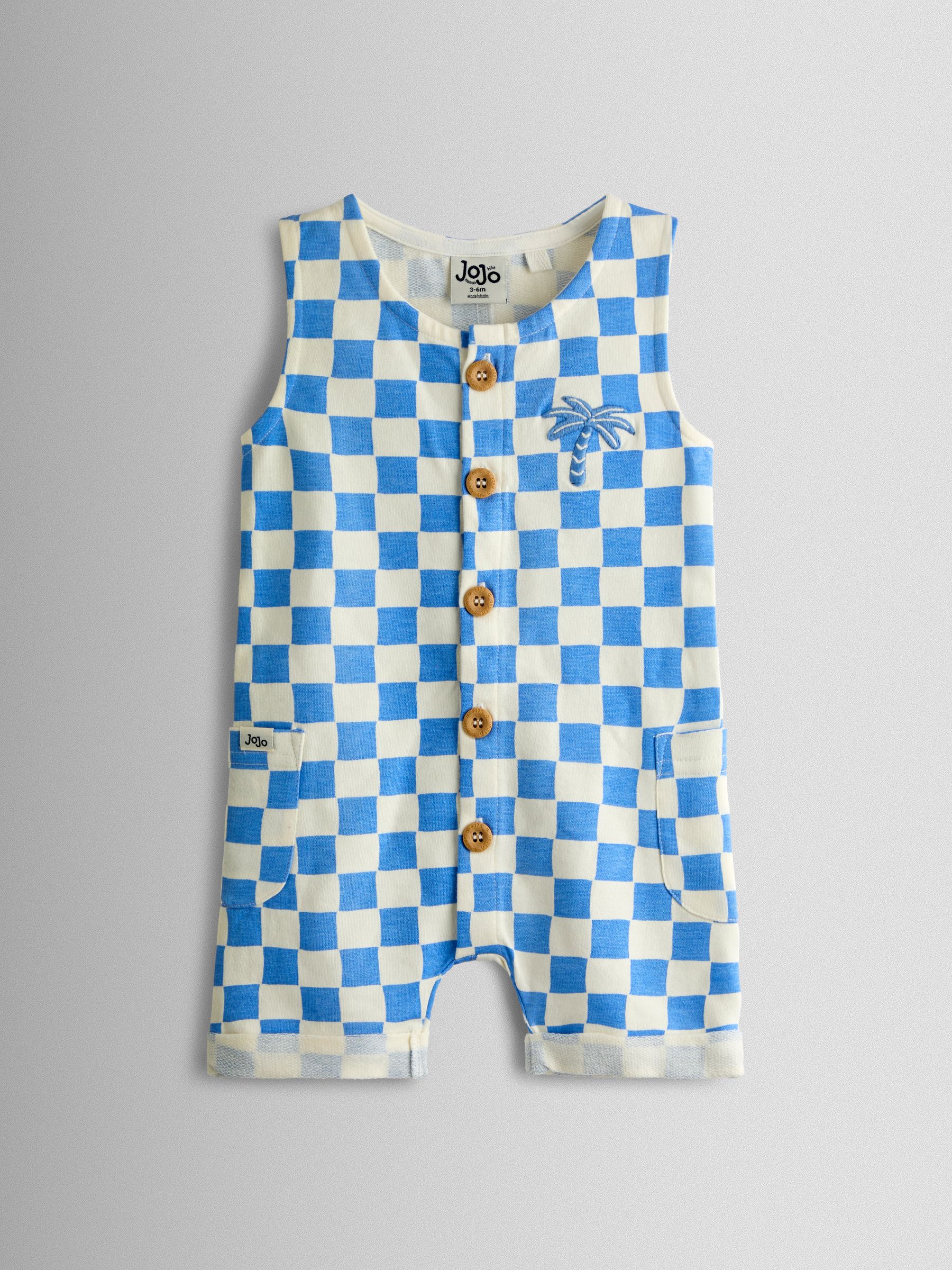 Light Blue Checkerboard Button Through Romper - Image 1 of 3 Light Blue Checkerboard Button Through Romper - Image 1 of 3