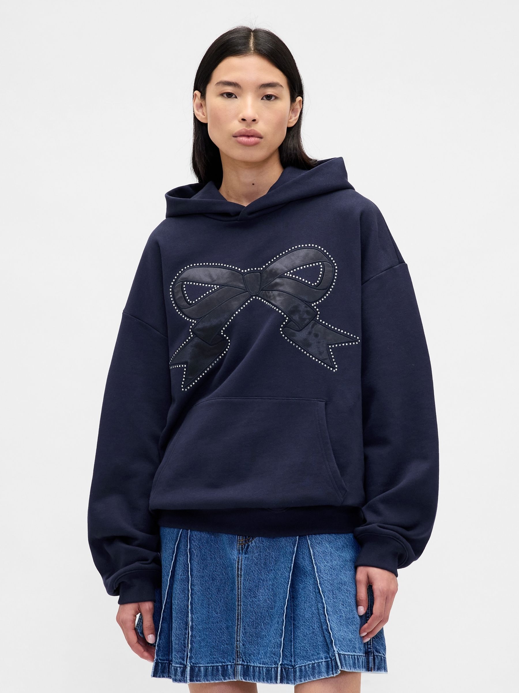 Navy Blue Sandy Liang Heavyweight Bow Oversized Hoodie - Image 2 of 4